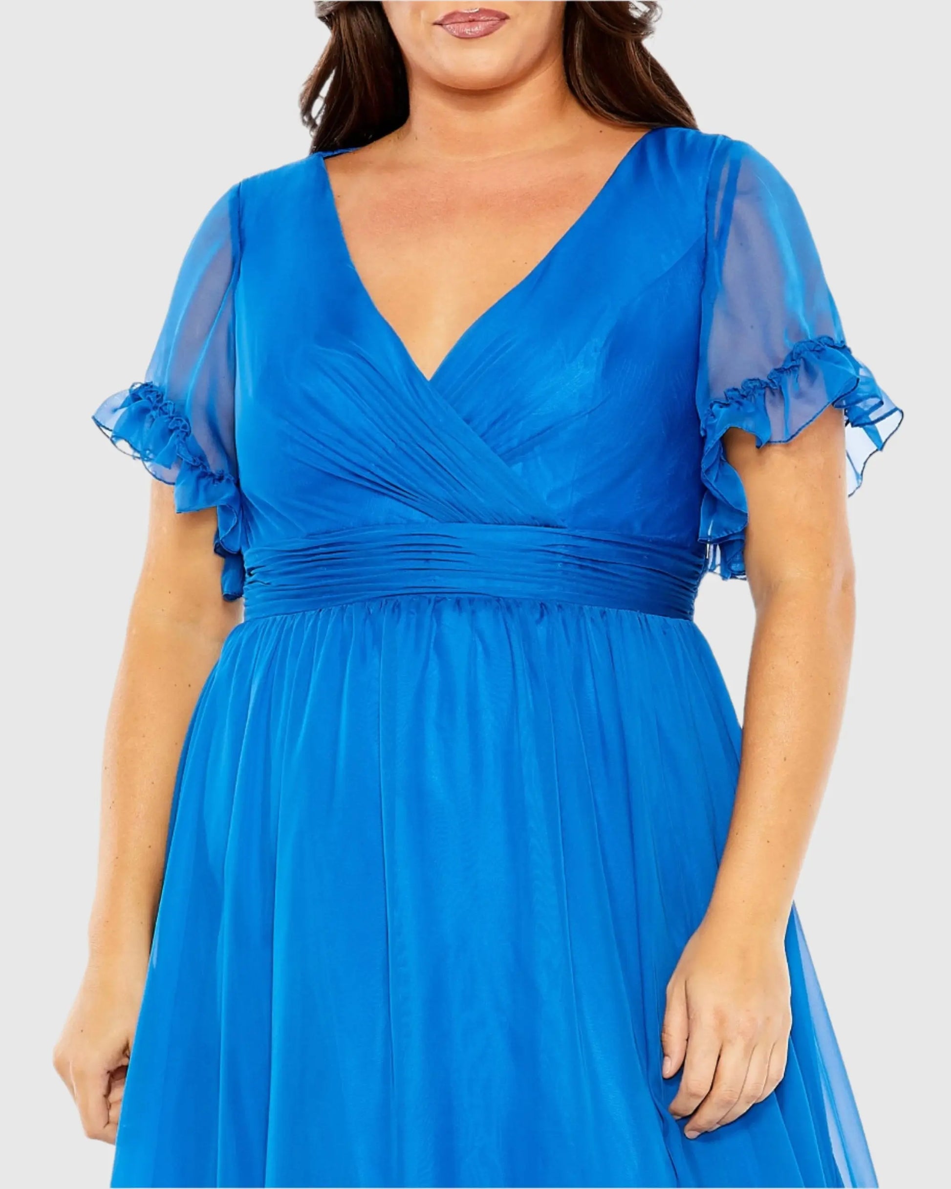 Blue Chiffon Flutter Sleeve A-line Dress (Plus) | Mac Duggal Blue Chiffon Flutter Sleeve A-line Dress (Plus) | Mac Duggal