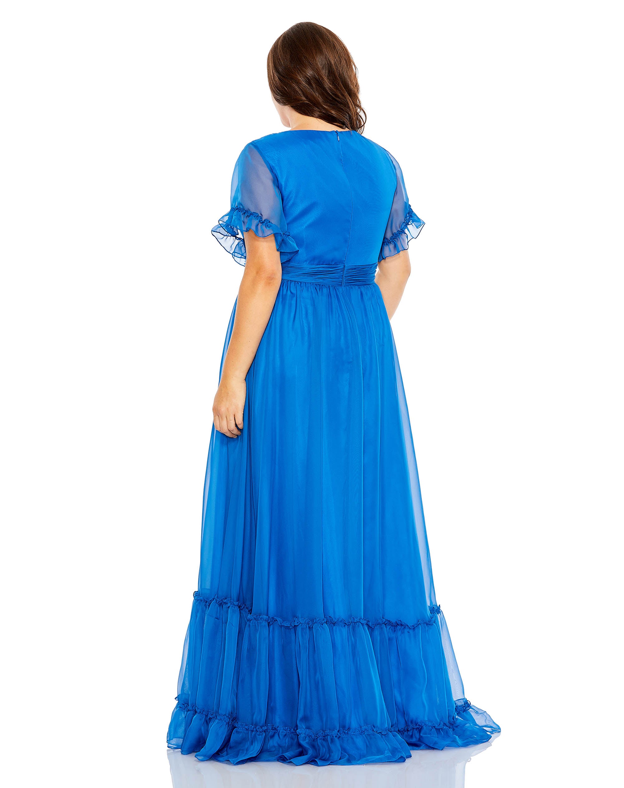 Chiffon Faux Wrap Flutter Sleeve Tiered Gown (Plus)