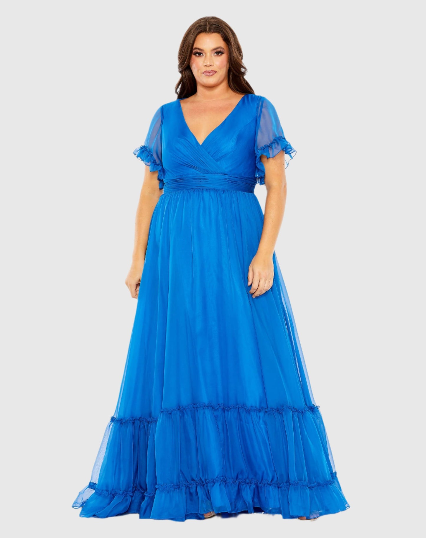 Chiffon Faux Wrap Flutter Sleeve Tiered Gown