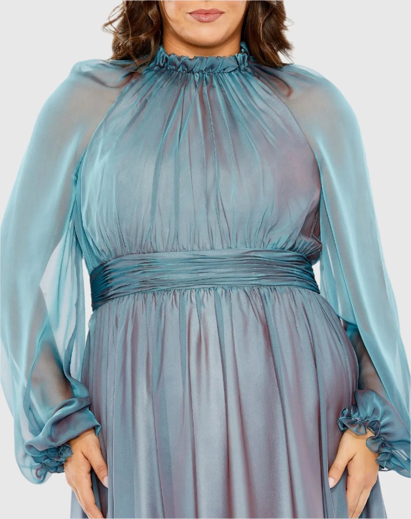 Blue Puff Sleeve w/ Embellished Cuff Mock Neck A Line Gown - Mac Duggal