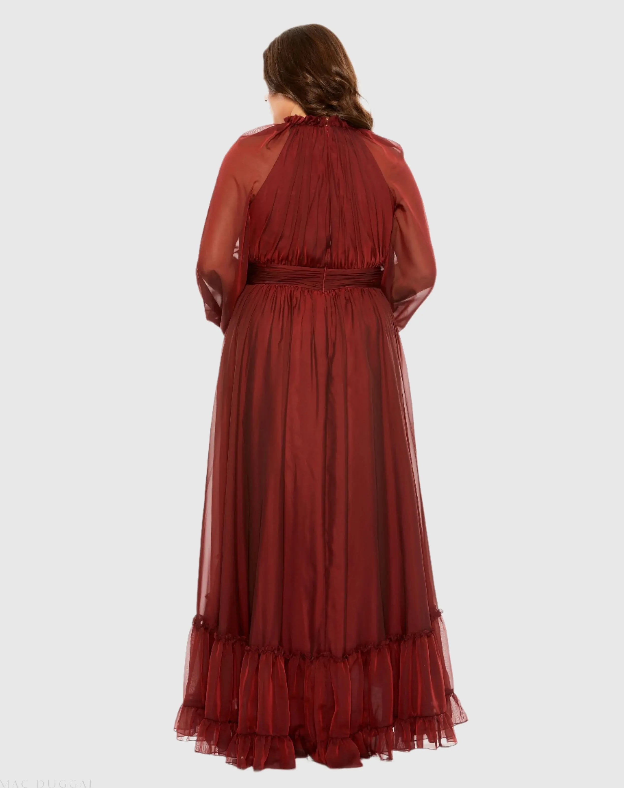 Red Puff Sleeve w/ Embellished Cuff Mock Neck A Line Gown - Mac Duggal