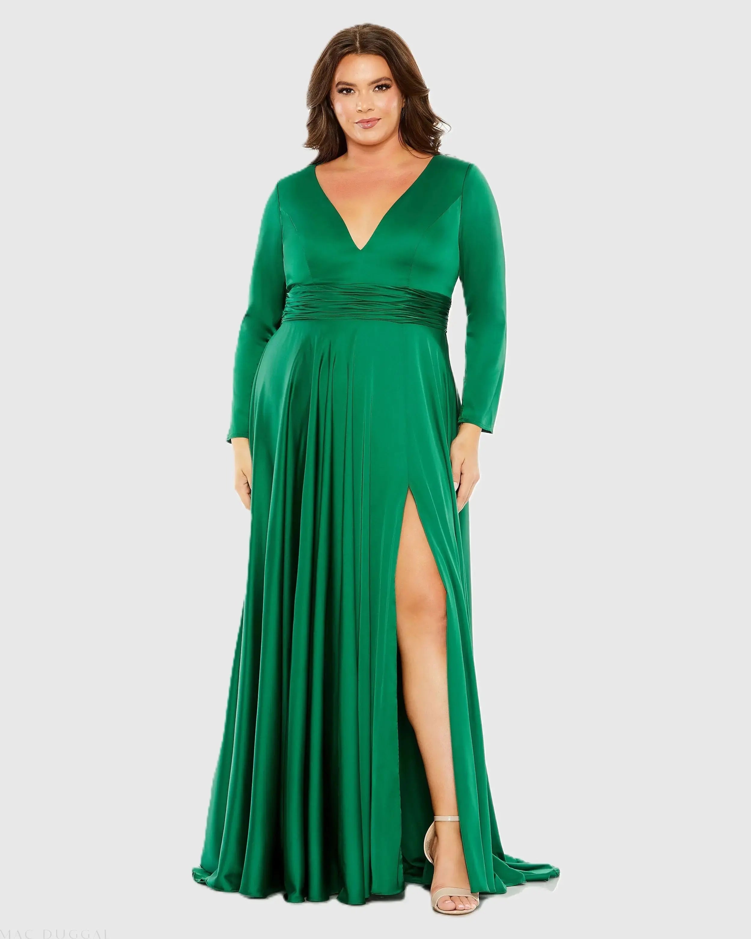 Green Long Sleeve V Neck A Line Gown Mac Duggal
