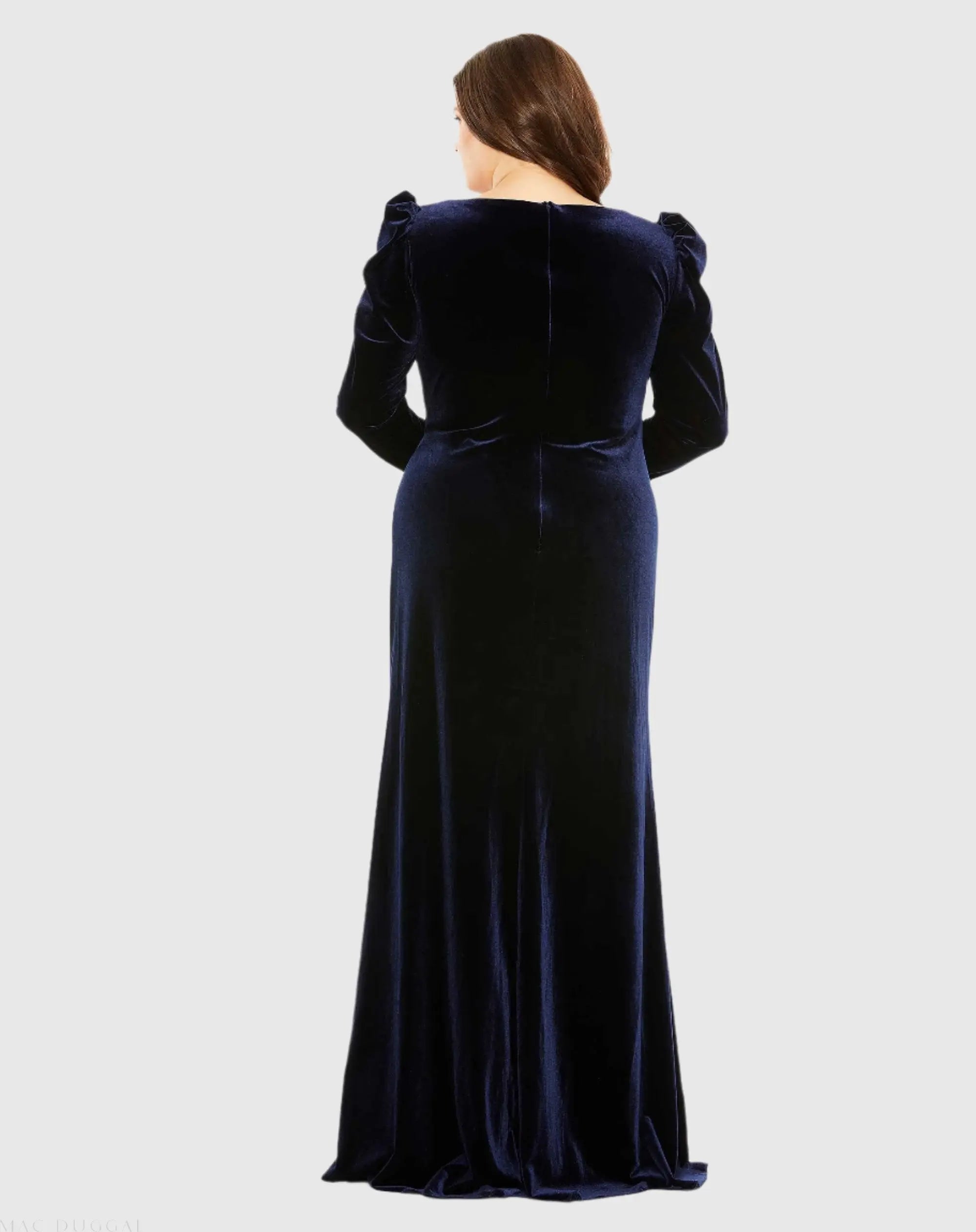 Navy Long Sleeve Velvet Gown with Slit (Plus) - Mac Duggal