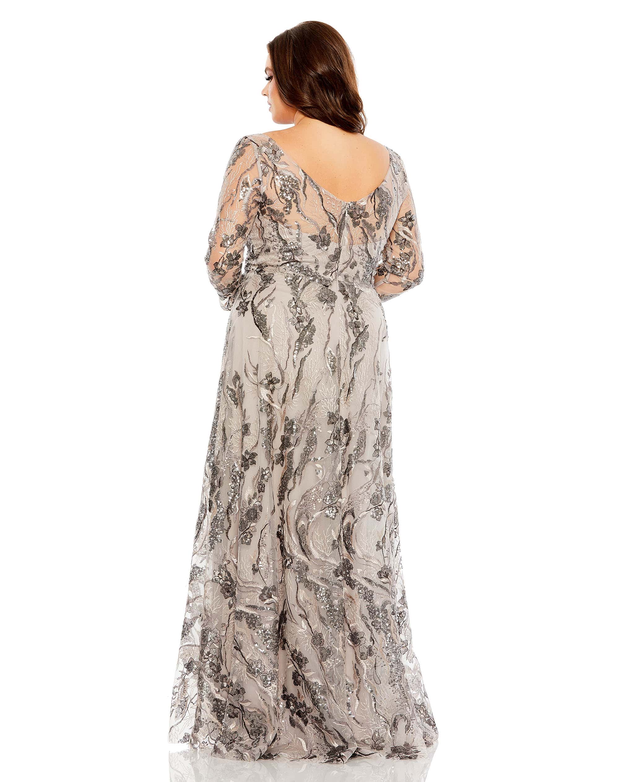 Embroidered Long Sleeve A Line Gown