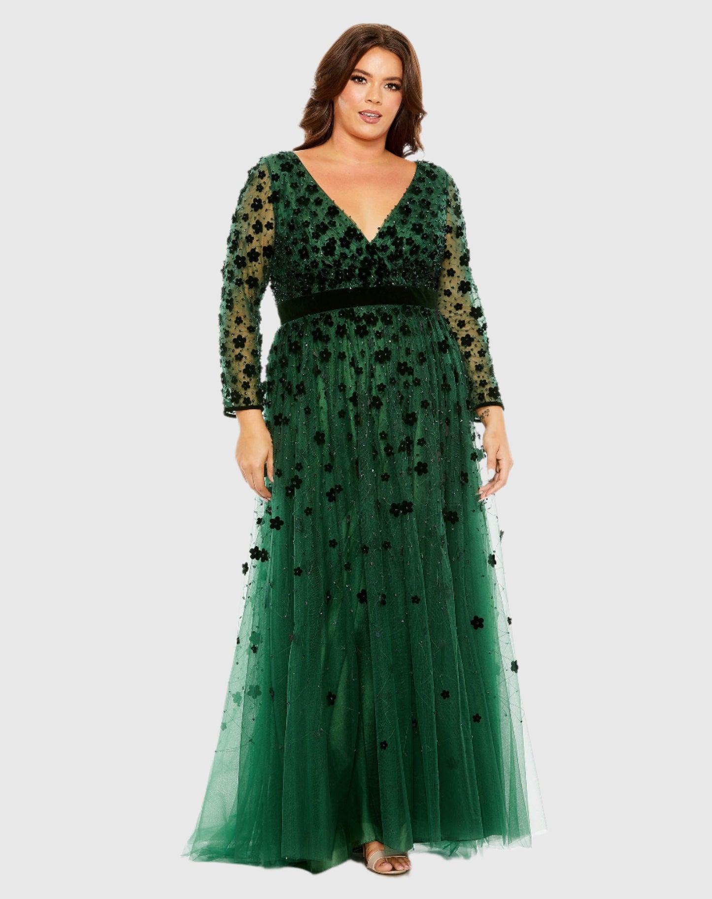 Floral Applique Long Sleeve A Line Gown