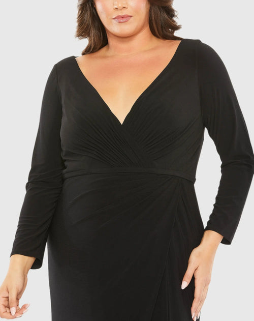 Black Long Sleeve V-Neck Faux Wrap Gown - Mac Duggal