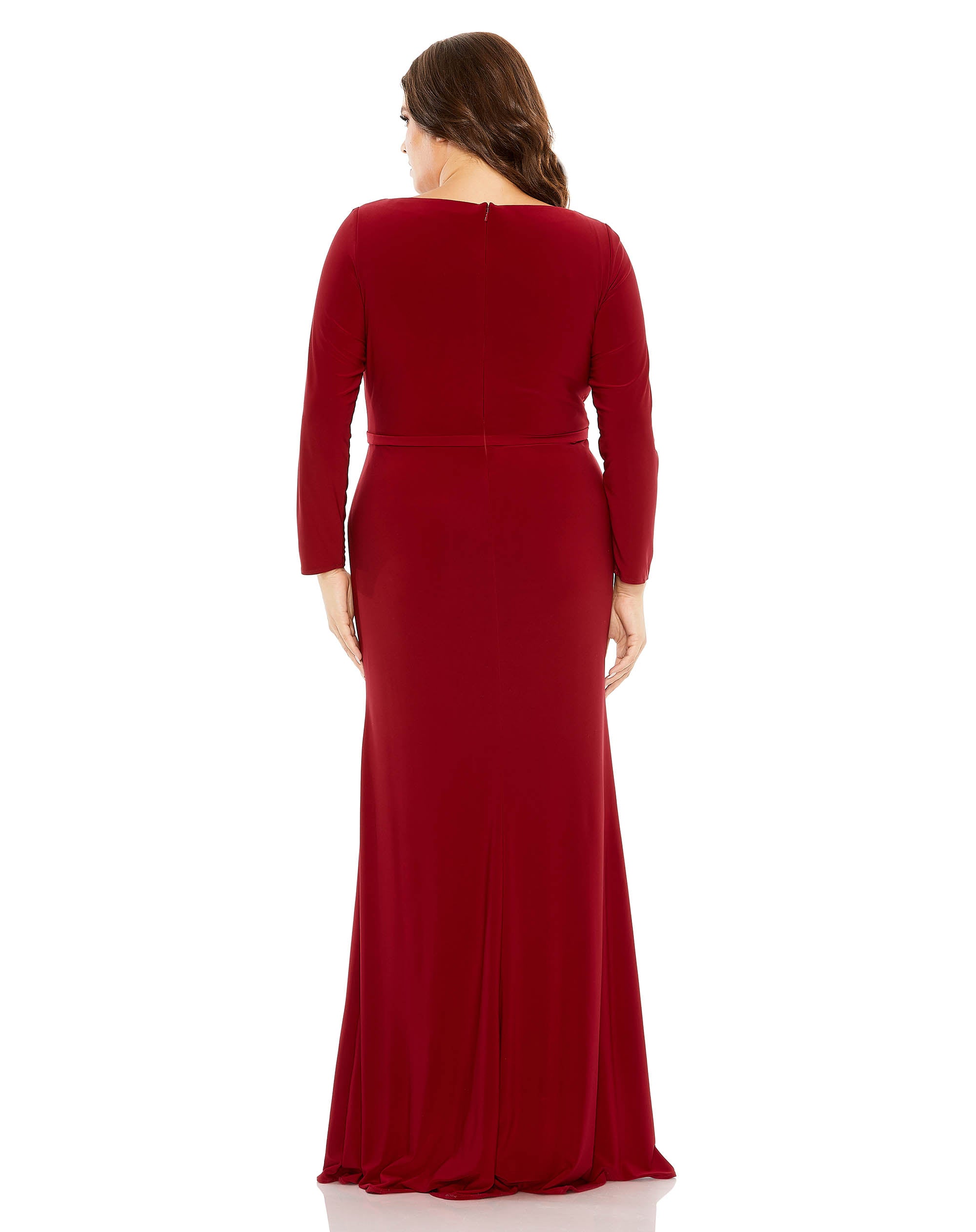 Long Sleeve V-Neck Faux Wrap Gown