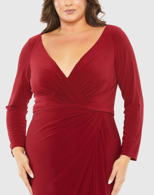 Long Sleeve V-Neck Faux Wrap Gown