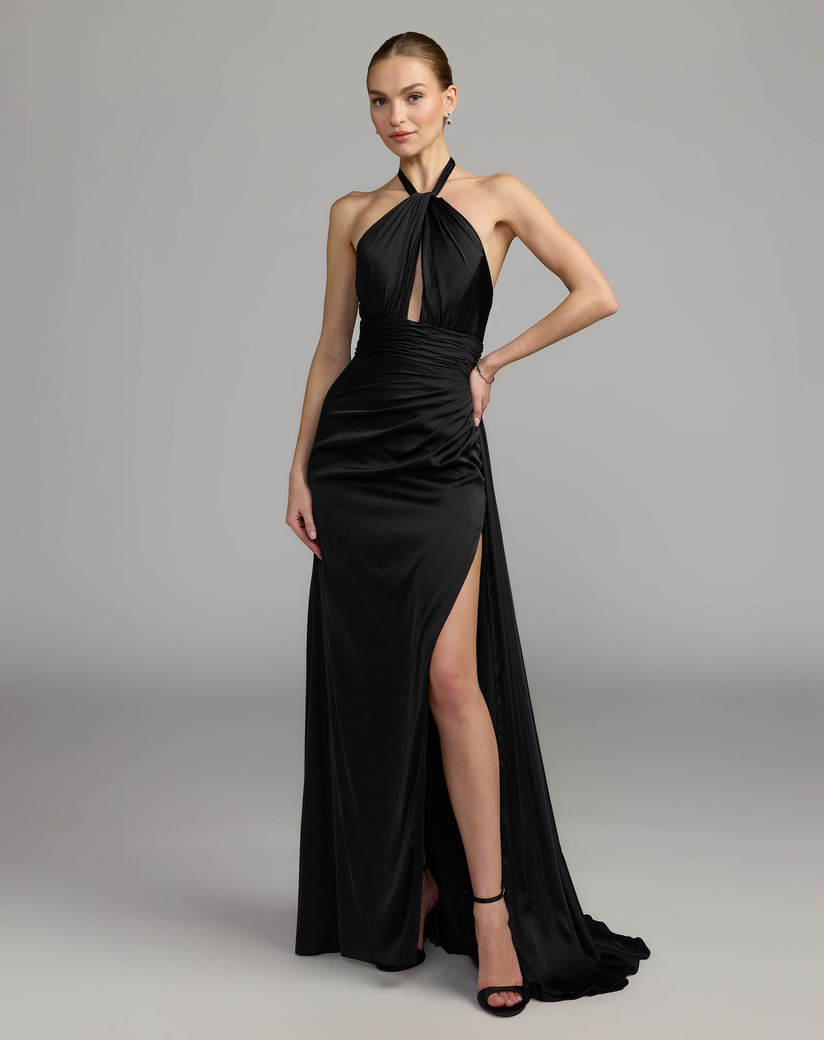 Black Satin Halter Neck Cutout Gown - Ieena for Mac Duggal