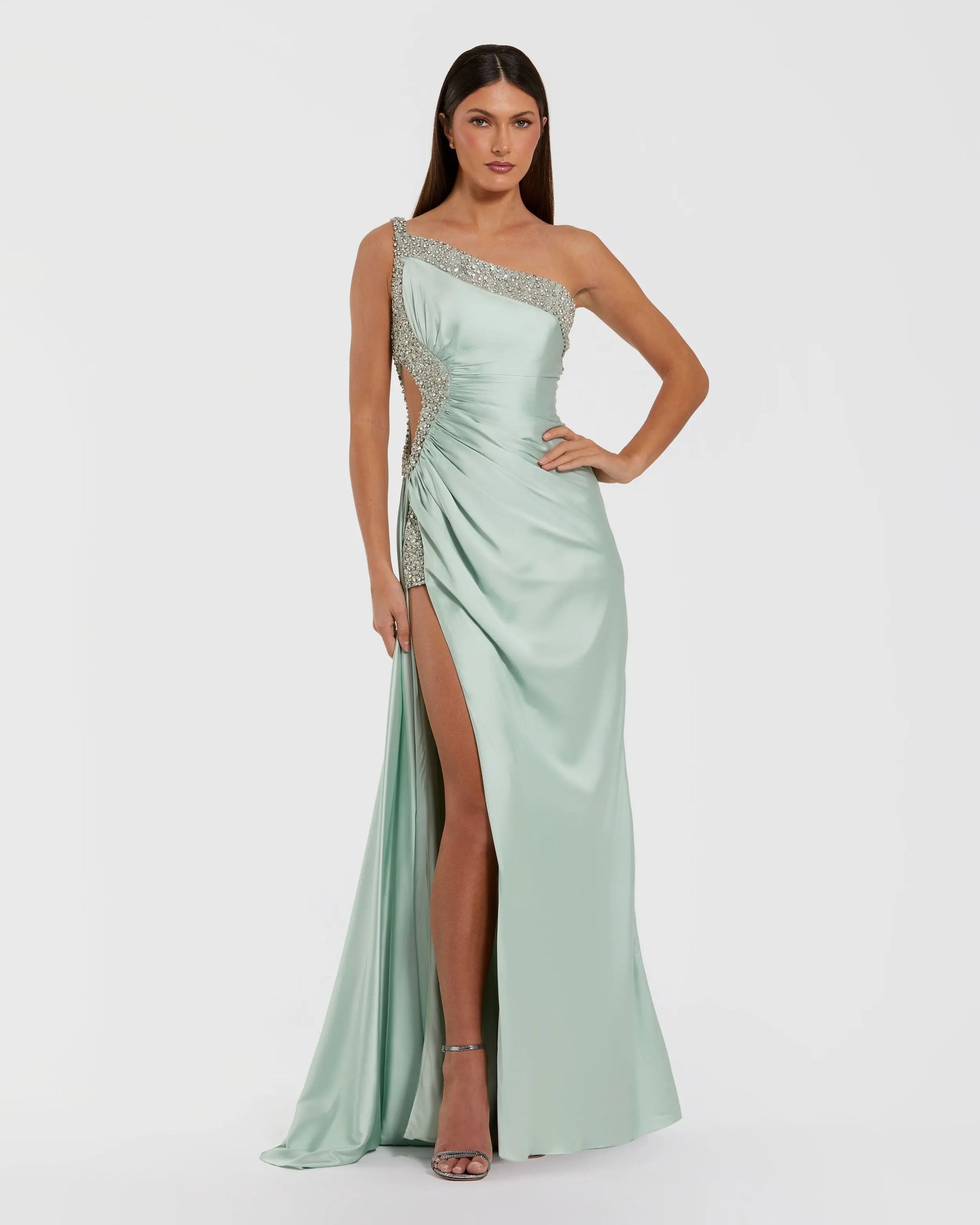 Green Embellished One Shoulder Satin Gown