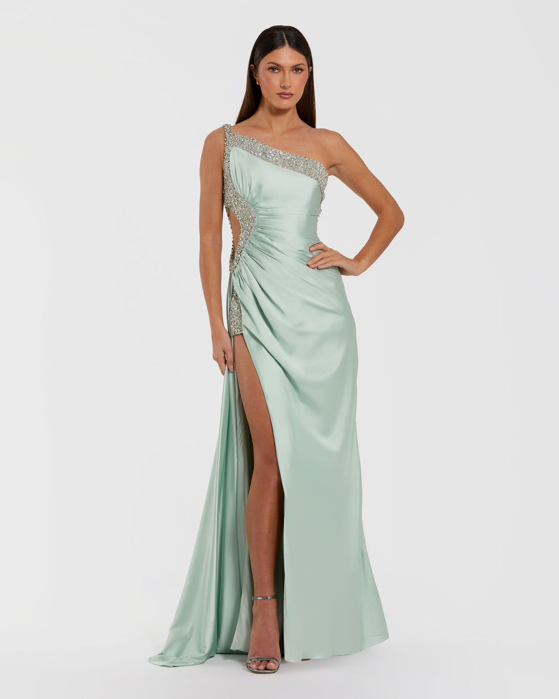 Green One Shoulder Embellished Cut Out Slit Gown