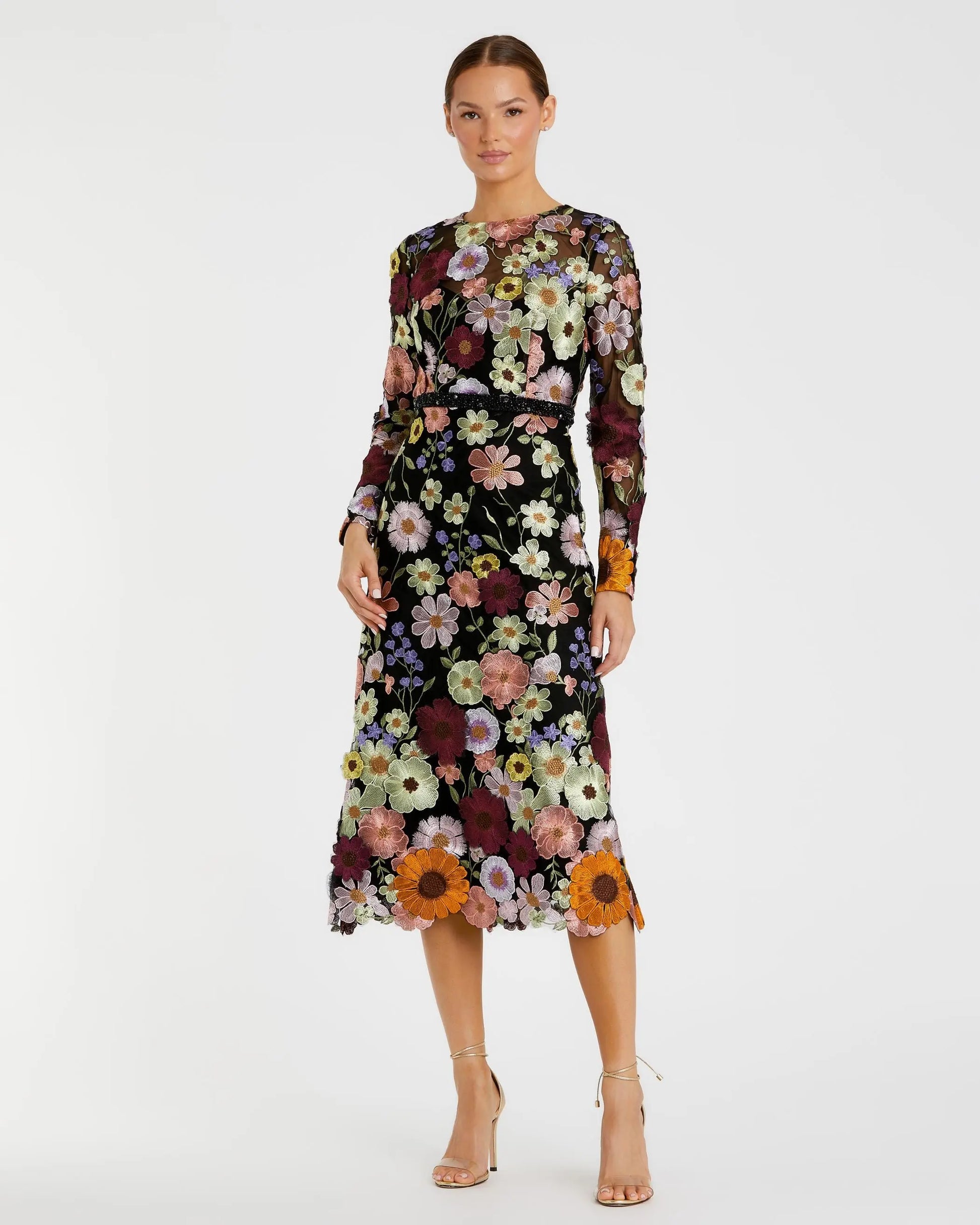 Multicolor Floral Embroidered A-Line Midi Dress | Mac Duggal Multicolor Floral Embroidered A-Line Midi Dress | Mac Duggal