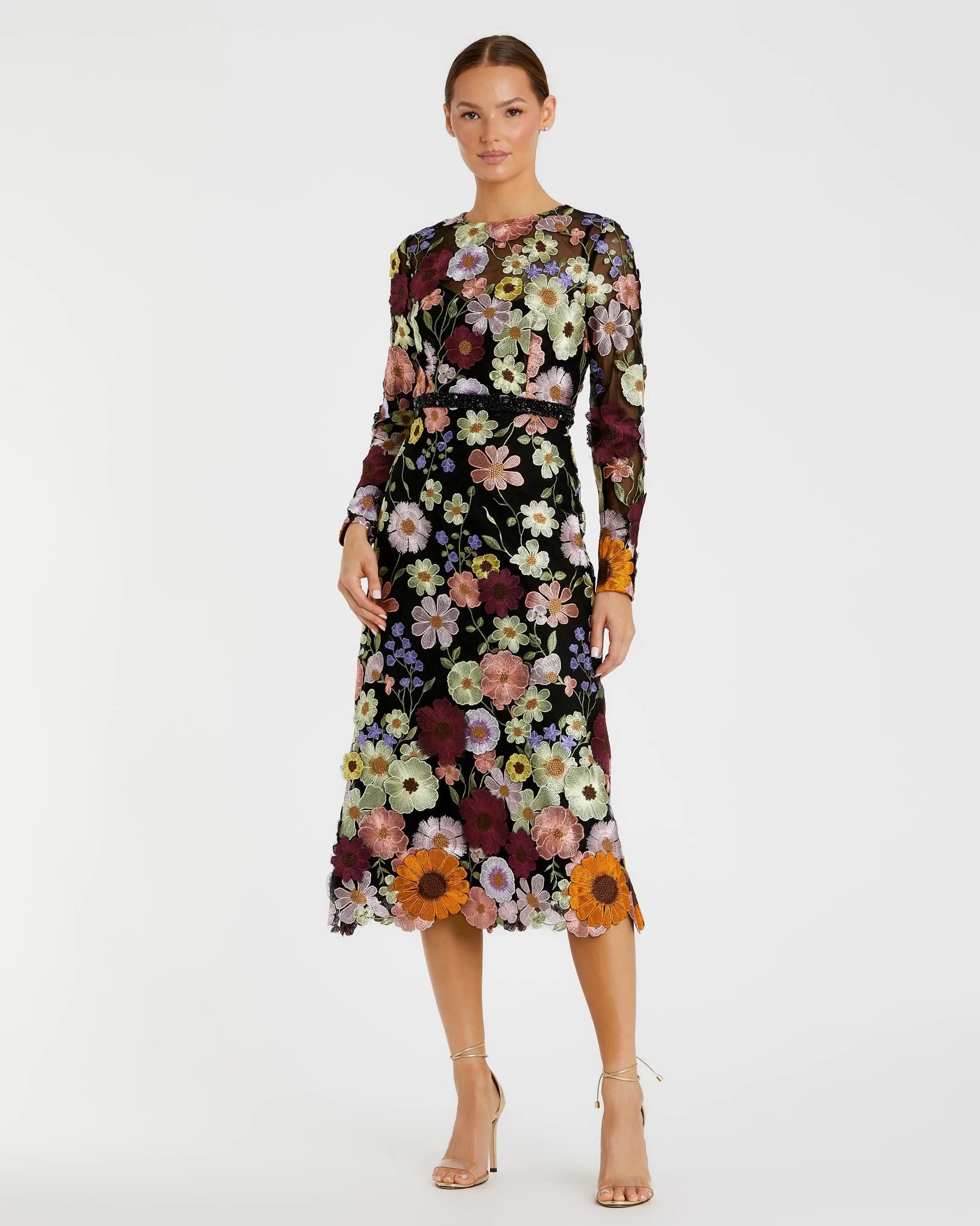 Multicolor Floral Embroidered A-Line Midi Dress - Mac Duggal