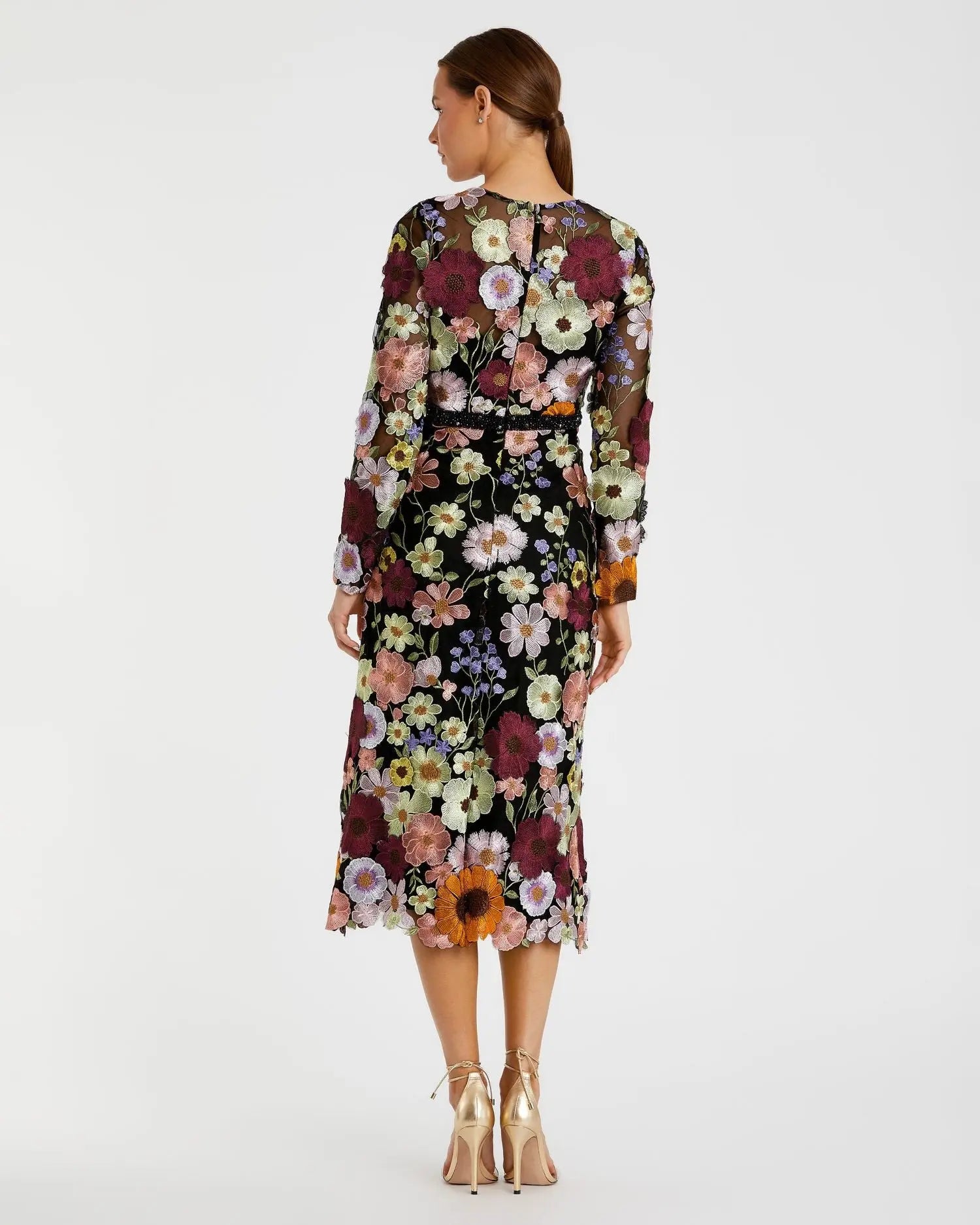 Multicolor Floral Embroidered A-Line Midi Dress - Mac Duggal