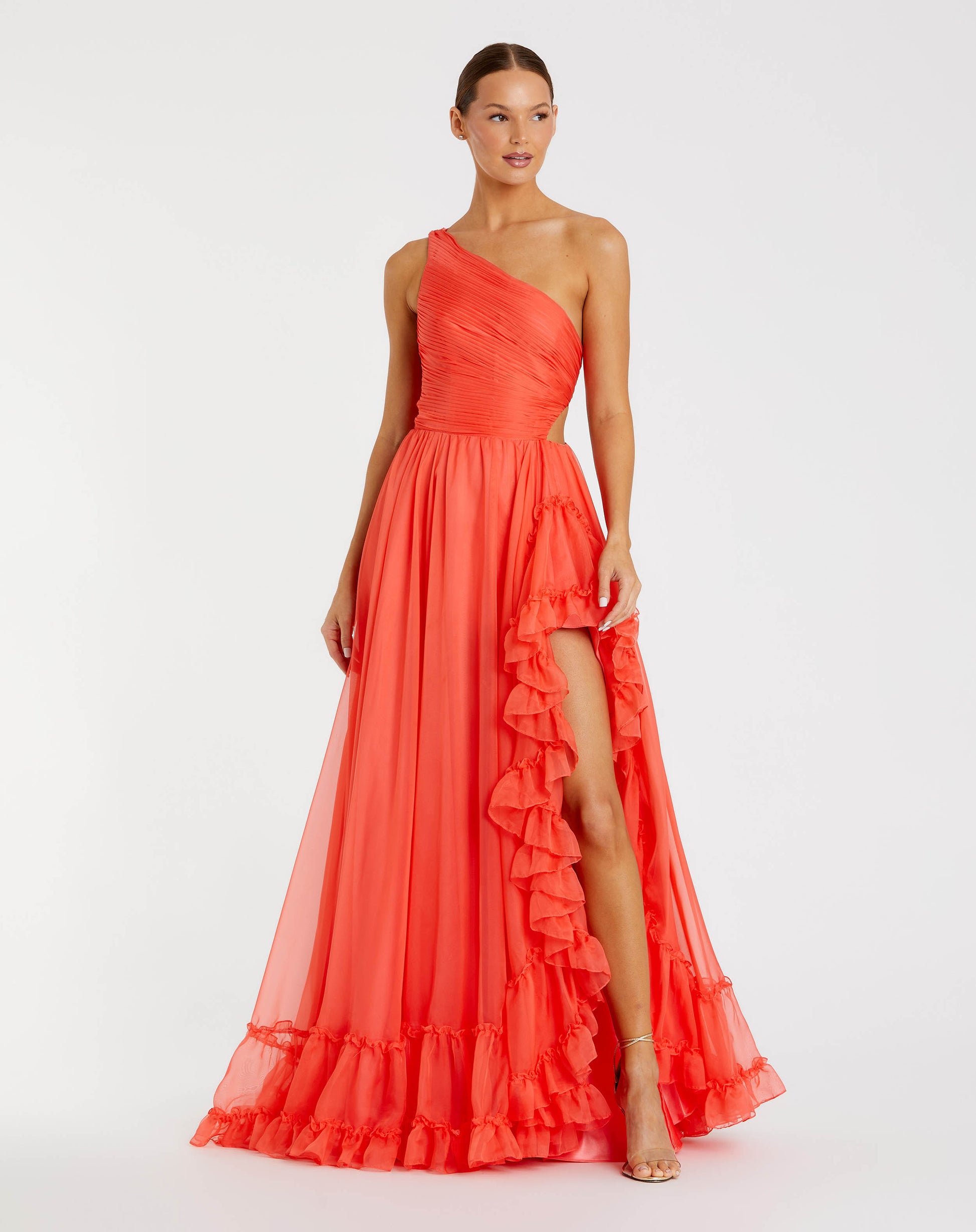 Orange One Shoulder High Low Ruffled Chiffon Gown - Mac Duggal