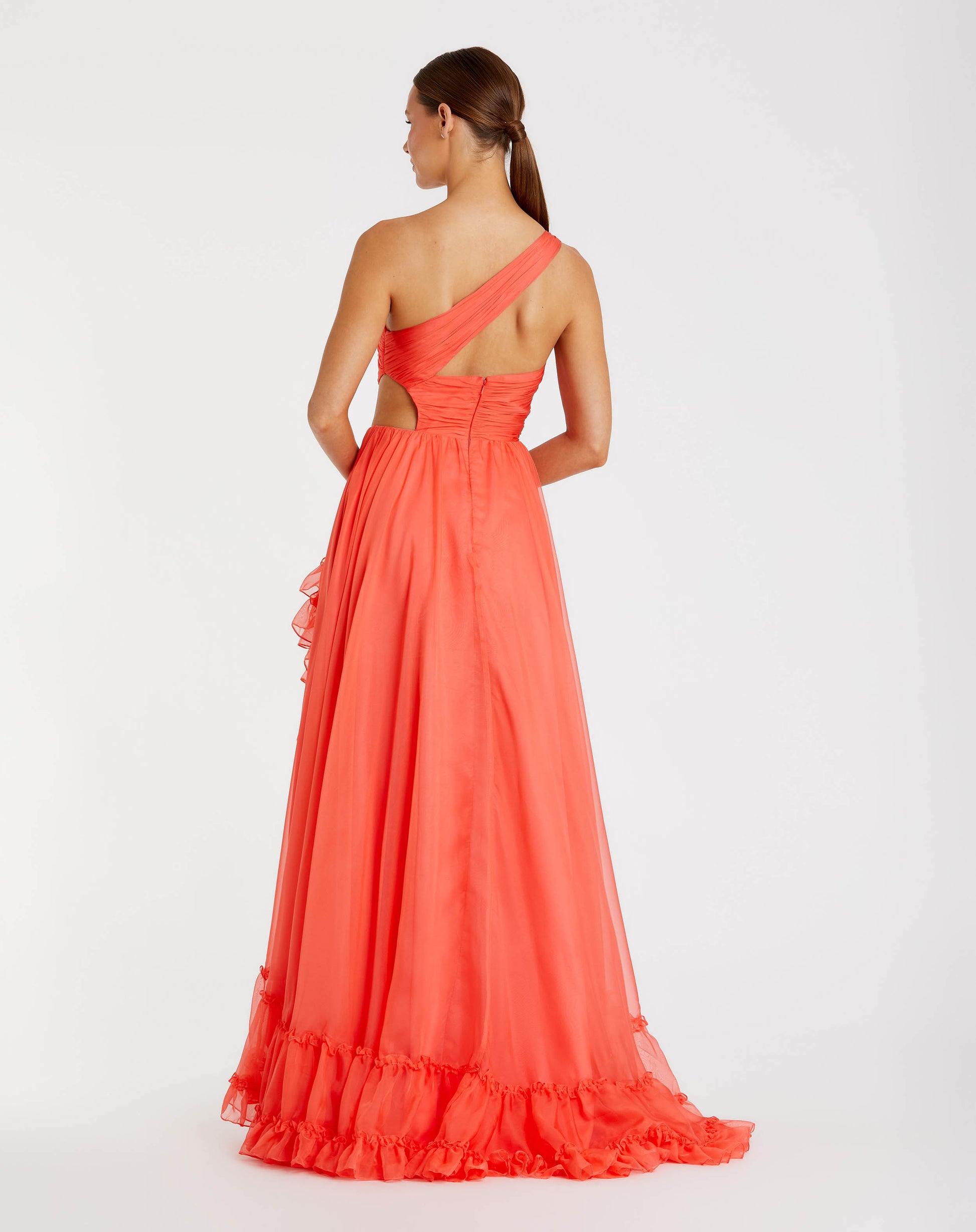 Orange One Shoulder High Low Ruffled Chiffon Gown - Mac Duggal