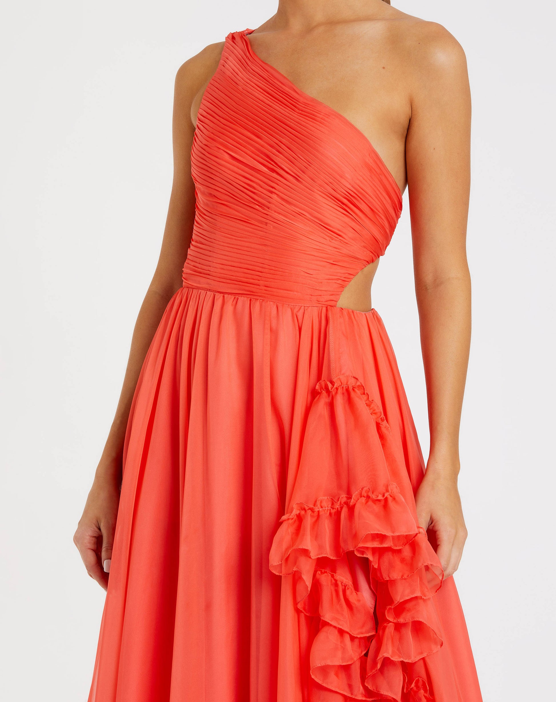 Orange One Shoulder High Low Ruffled Chiffon Gown - Mac Duggal