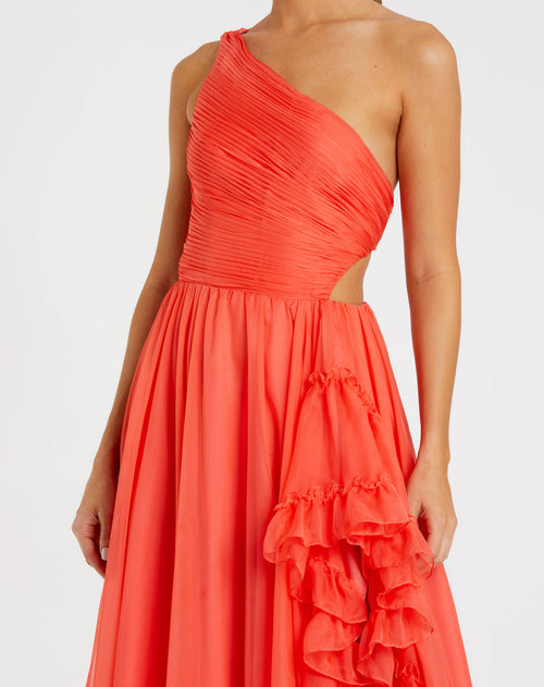 Orange One Shoulder High Low Ruffled Chiffon Gown - Mac Duggal