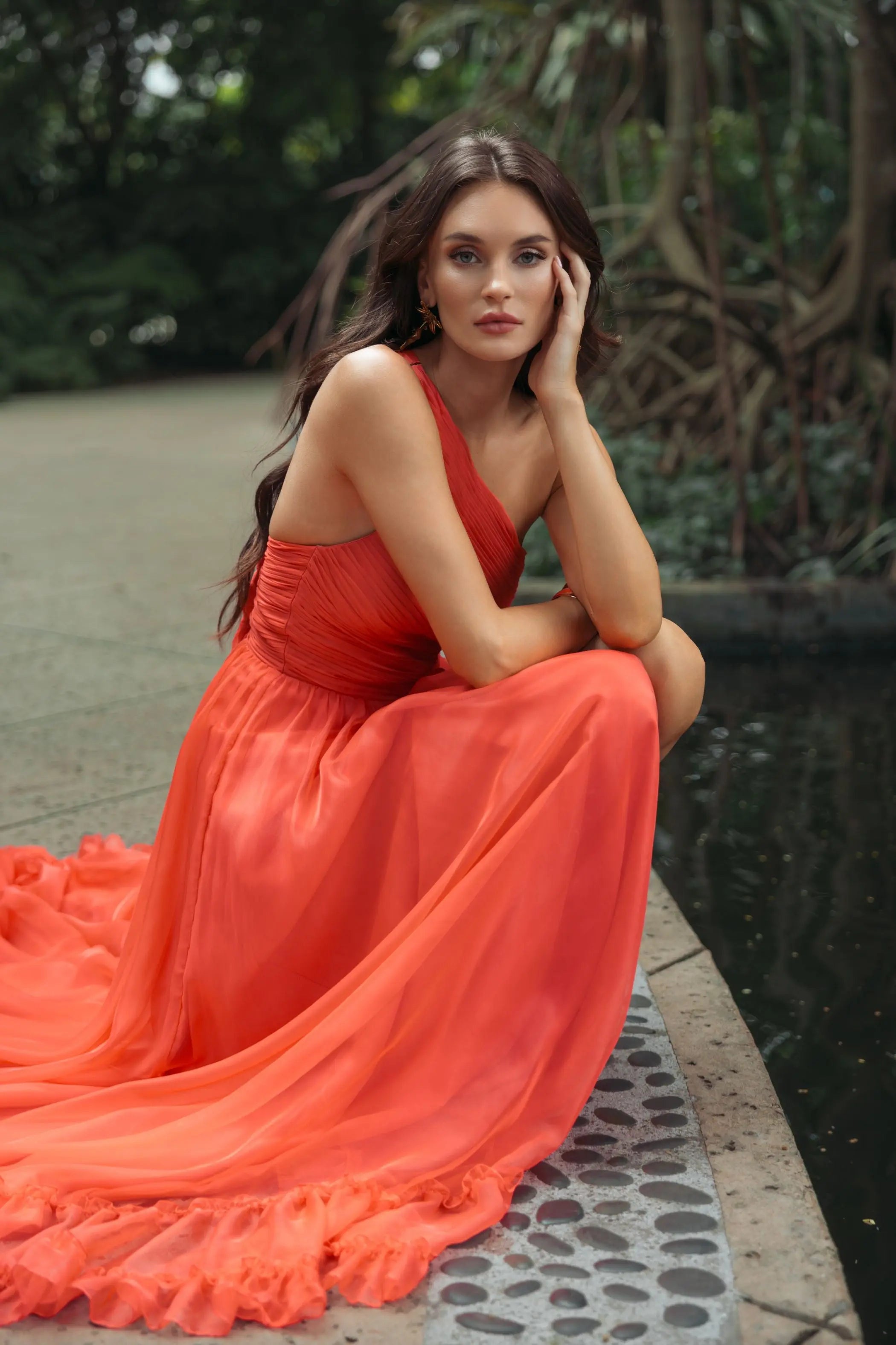 Mac Duggal One Shoulder Asymmetrical Ruffle Gown, Womens, 2, Tangerine