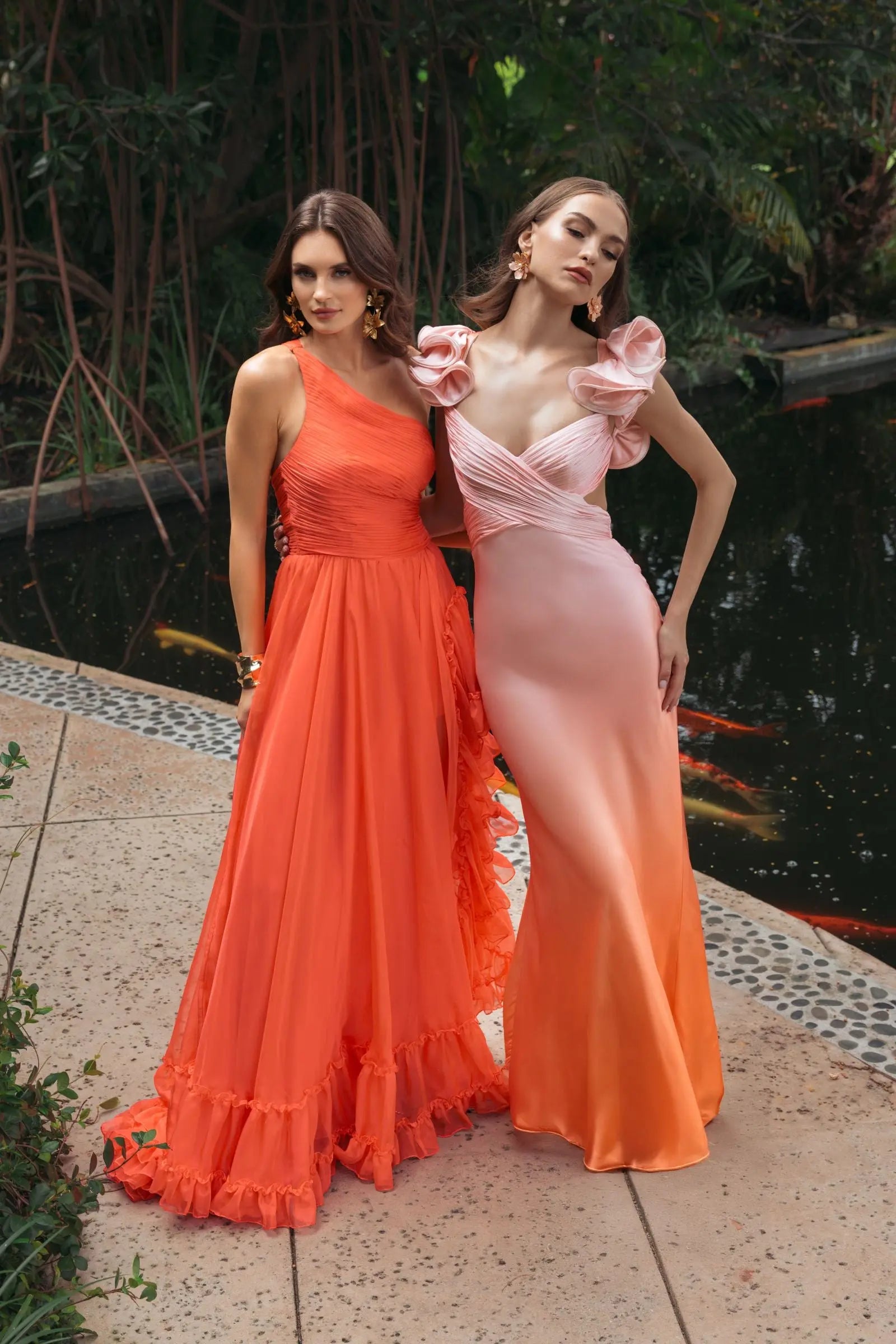strapless open back dress Pink and Orange Charmeuse Ruffle Strap Crossover Ombre Gown