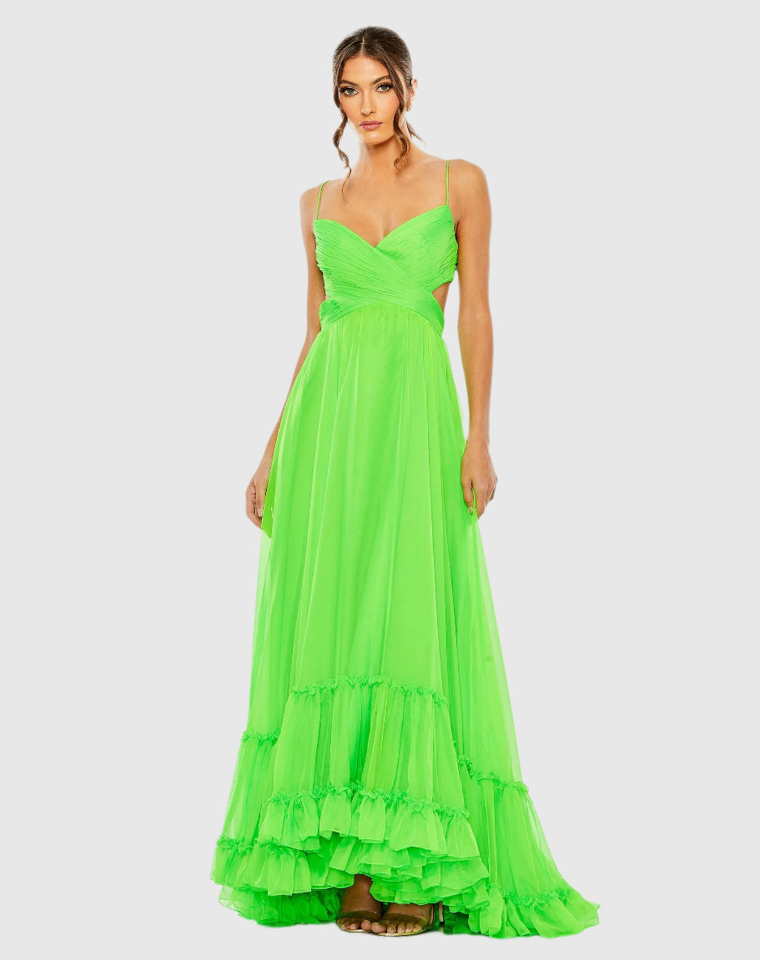 Ruched Tiered Spaghetti Strap Gown