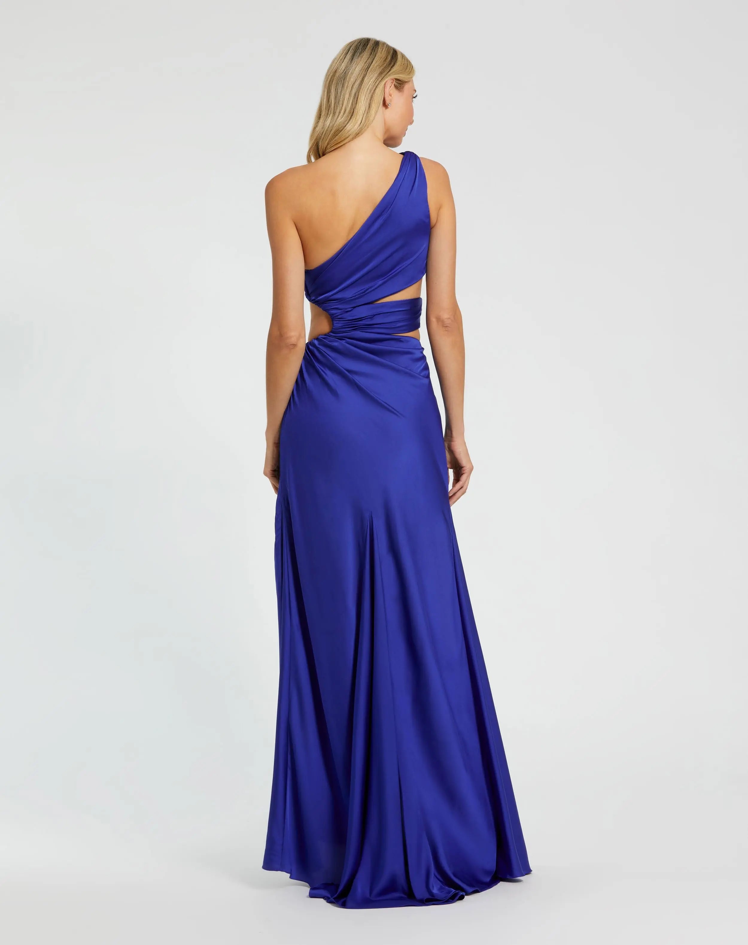 Blue Cut Out One Shoulder Satin Gown - Mac Duggal