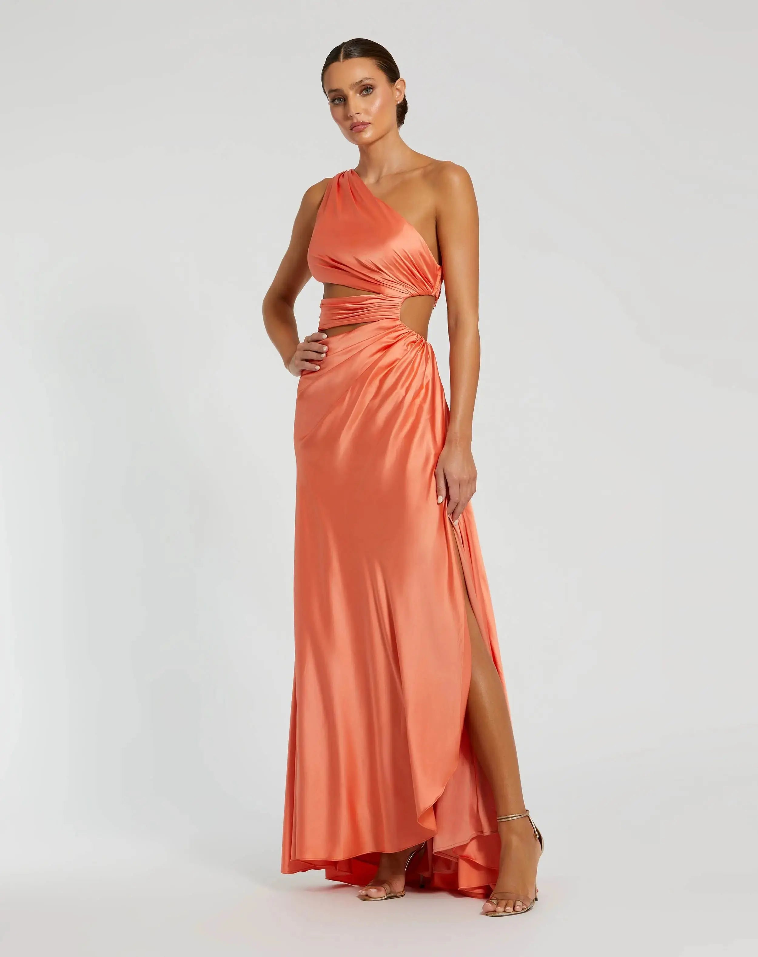 Orange Cut Out One Shoulder Satin Gown - Mac Duggal