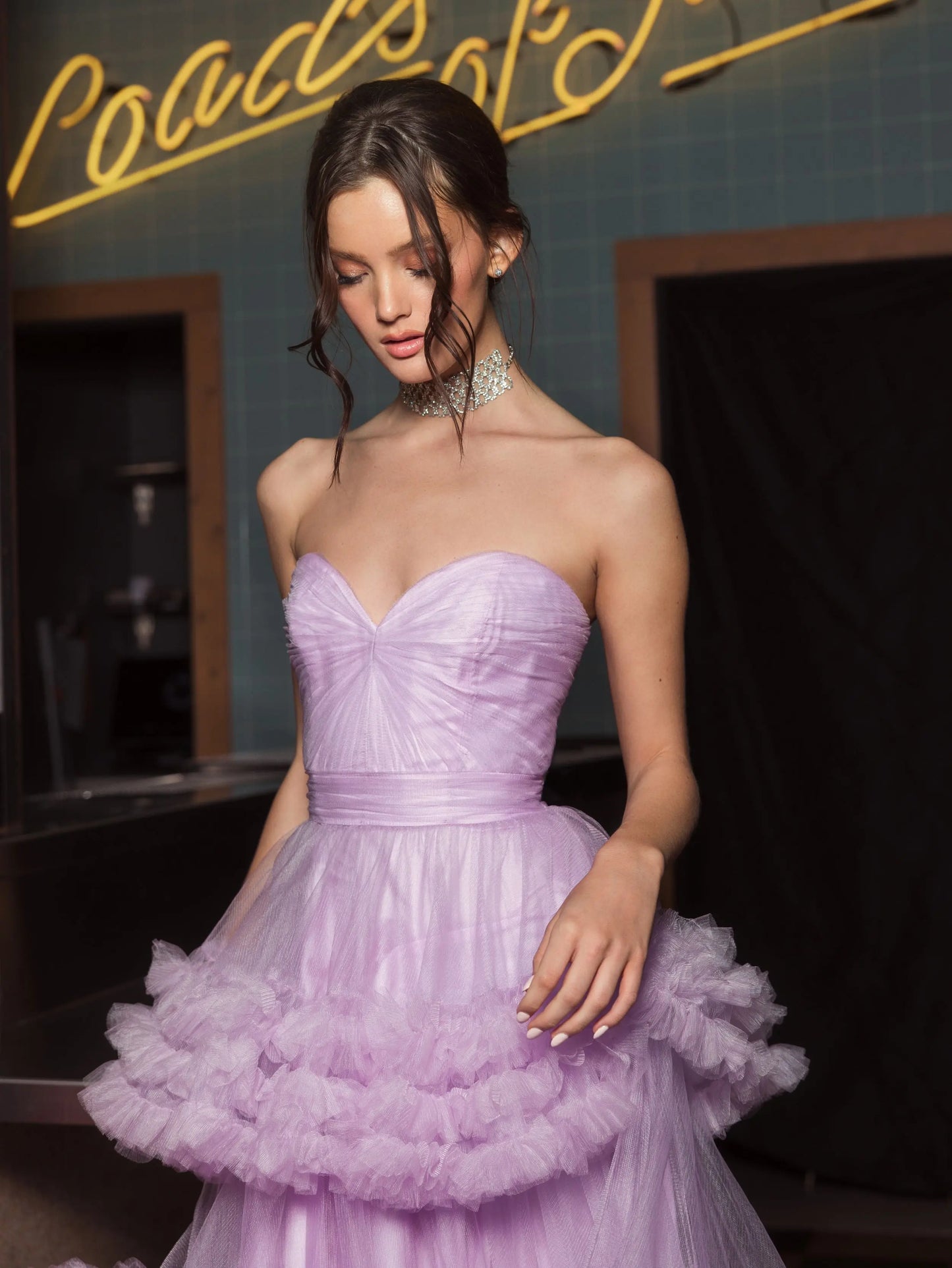Purple Strapless Ruffle Tulle Tiered Gown - Mac Duggal