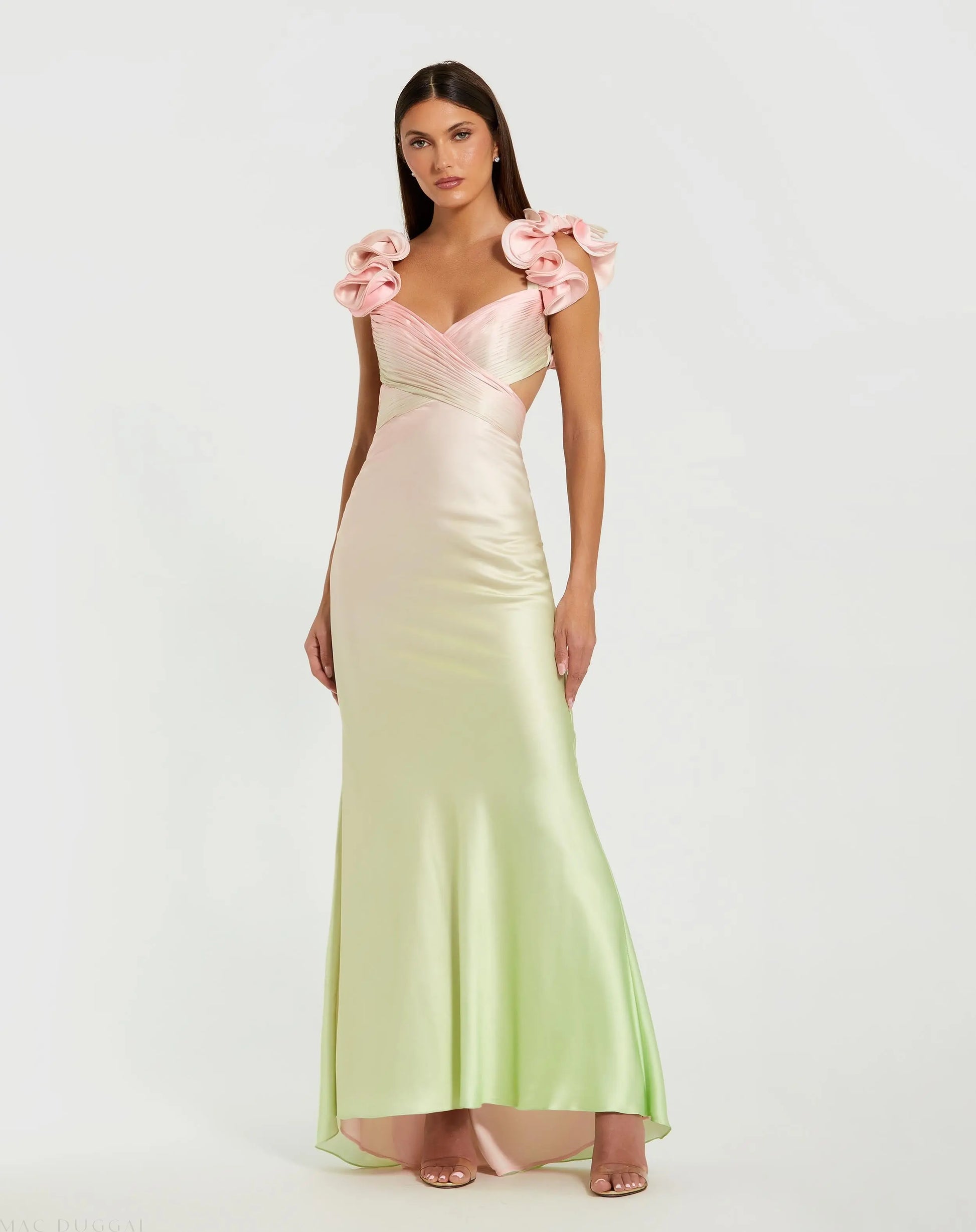 Pink and Green Charmeuse Ruffle Strap Crossover Ombre Gown - Mac Mac Duggal Pink and Green Charmeuse Ruffle Strap Crossover Ombre Gown - Mac Mac Duggal