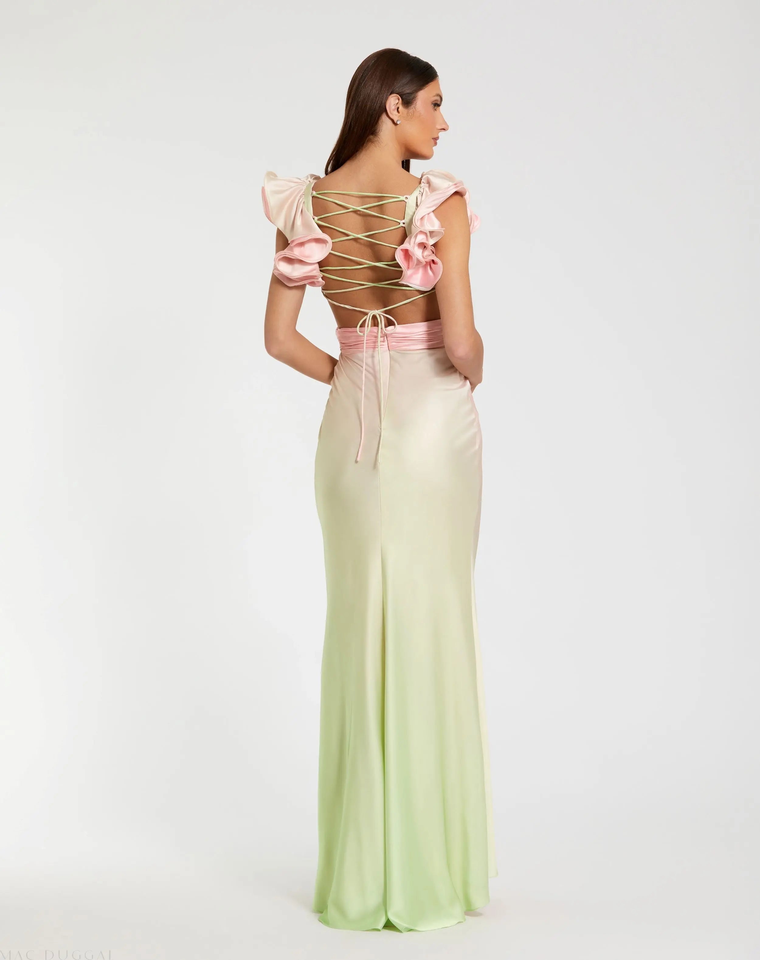Pink and Green Charmeuse Ruffle Strap Crossover Ombre Gown - Mac Duggal