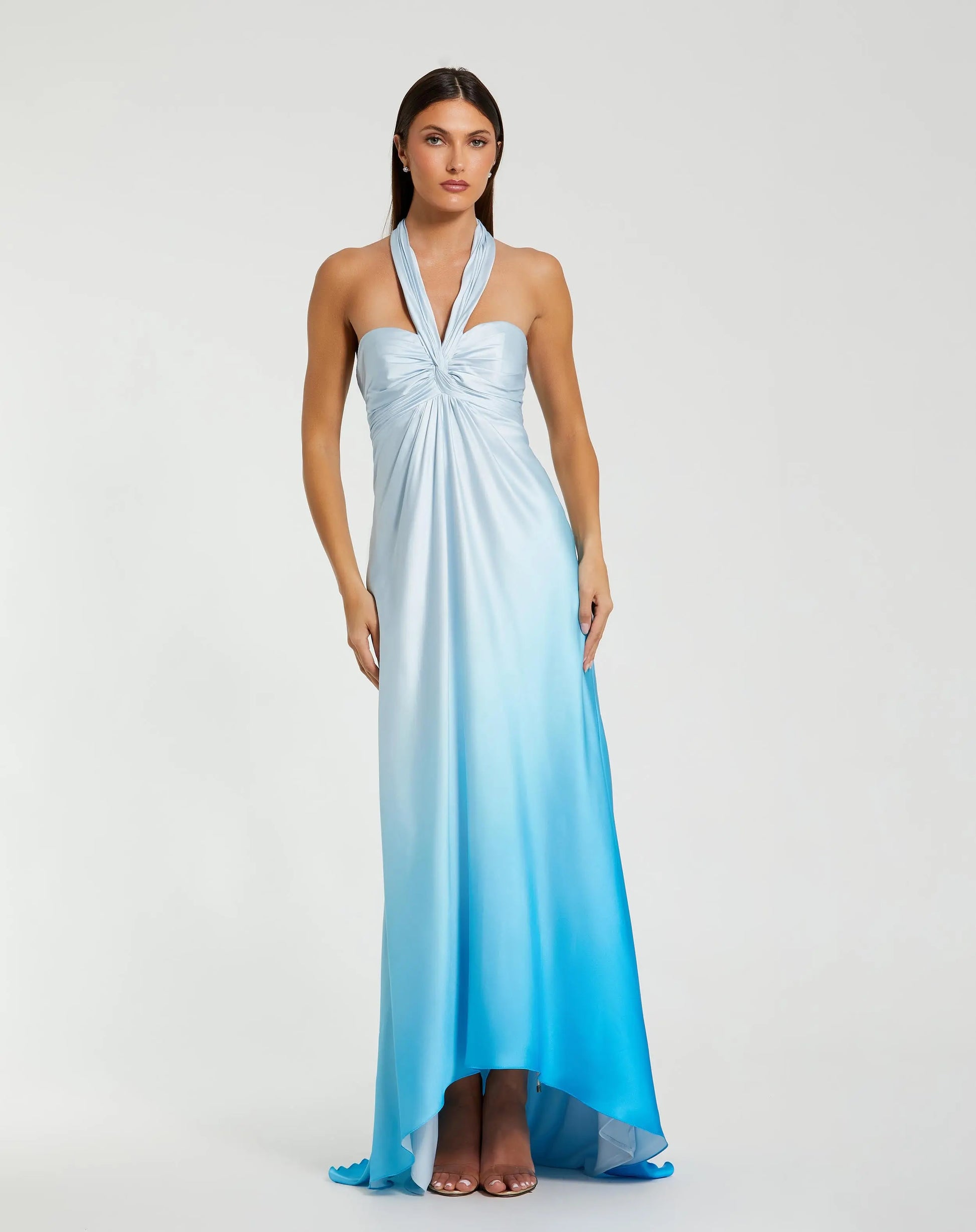 Blue Charmeuse Tie Halter Neck Ombre Gown | Mac Duggal Blue Charmeuse Tie Halter Neck Ombre Gown | Mac Duggal