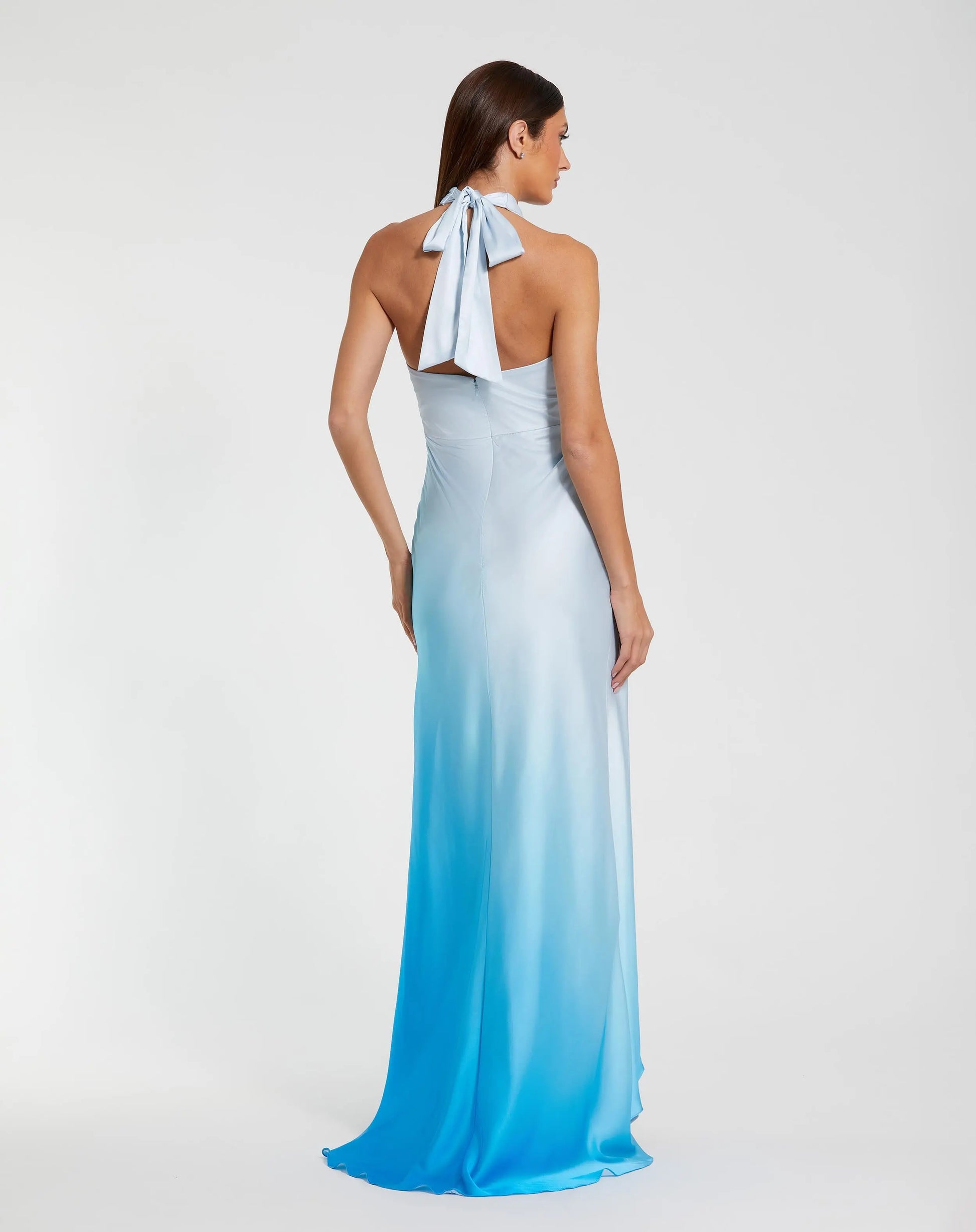 Blue Charmeuse Tie Halter Neck Ombre Gown | Mac Duggal Blue Charmeuse Tie Halter Neck Ombre Gown | Mac Duggal