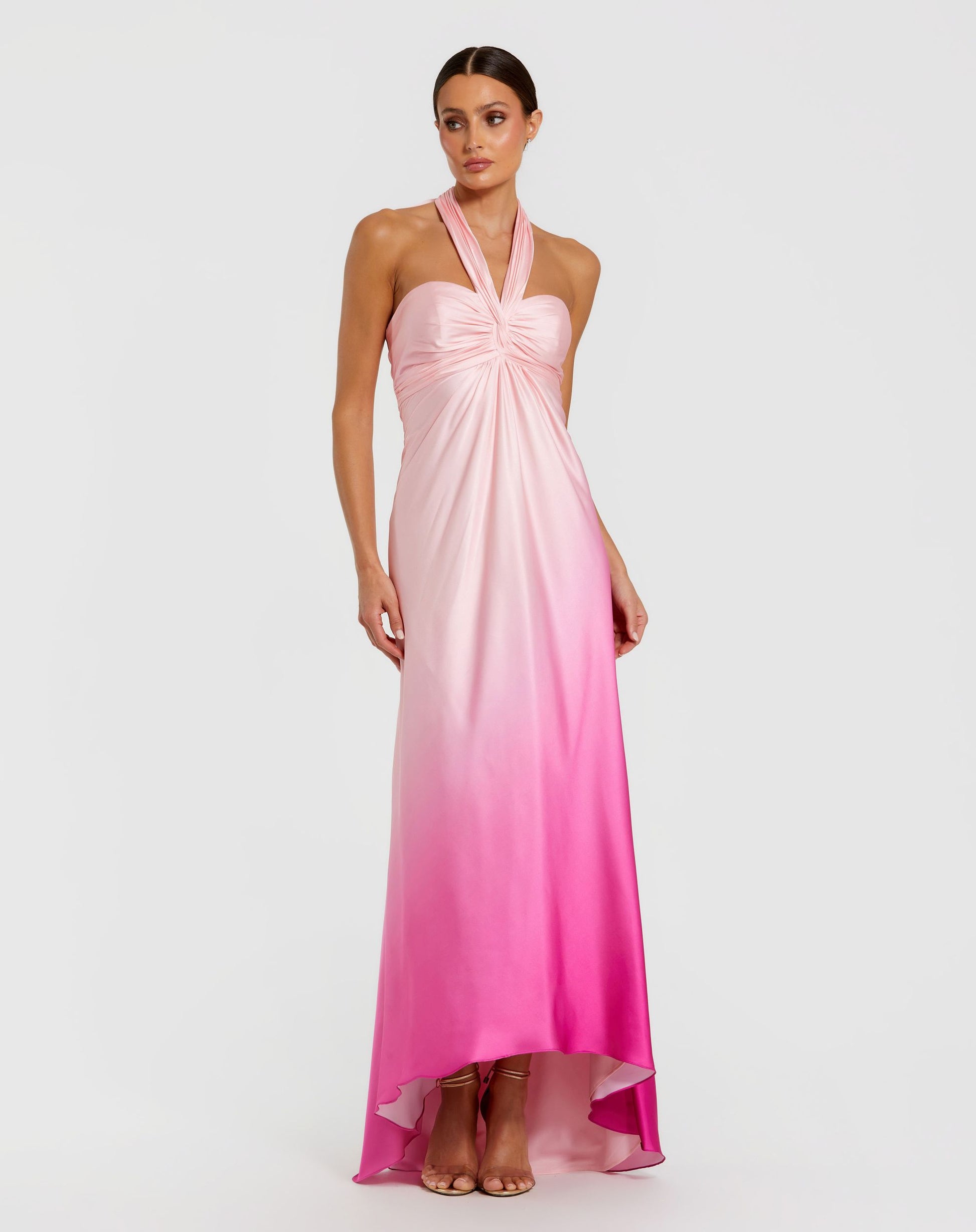 Pink Charmeuse Tie Halter Neck Ombre Gown - Ieena for Mac Duggal