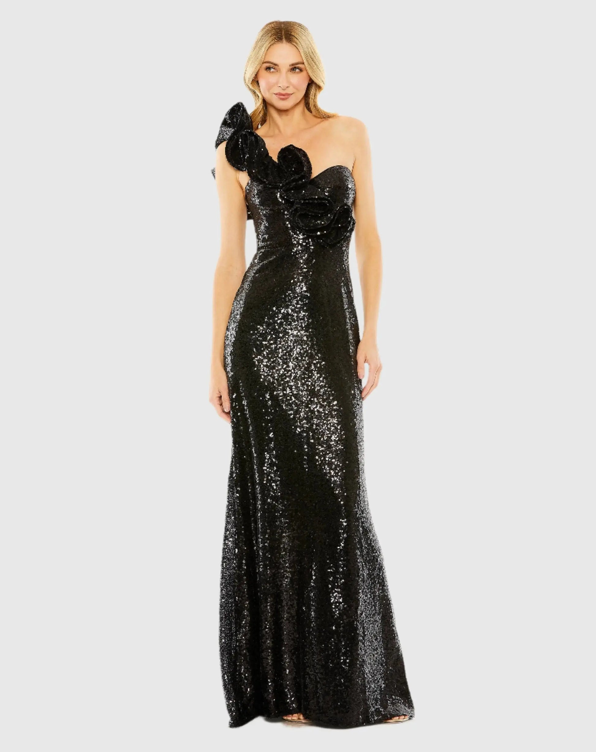 Mac Duggal - Black Sequin Ruffled One Shoulder Gown - US 0 Mac Duggal - Black Sequin Ruffled One Shoulder Gown - US 0