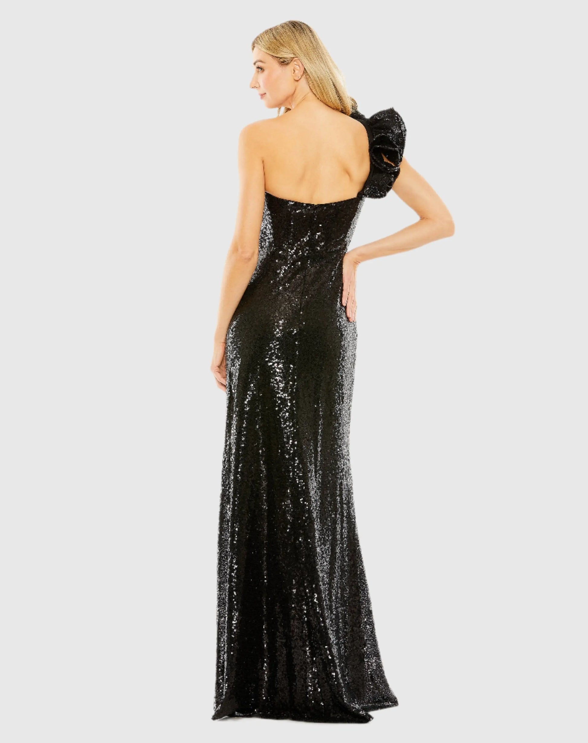 Black Sequin Ruffled One Shoulder Gown - Mac Duggal