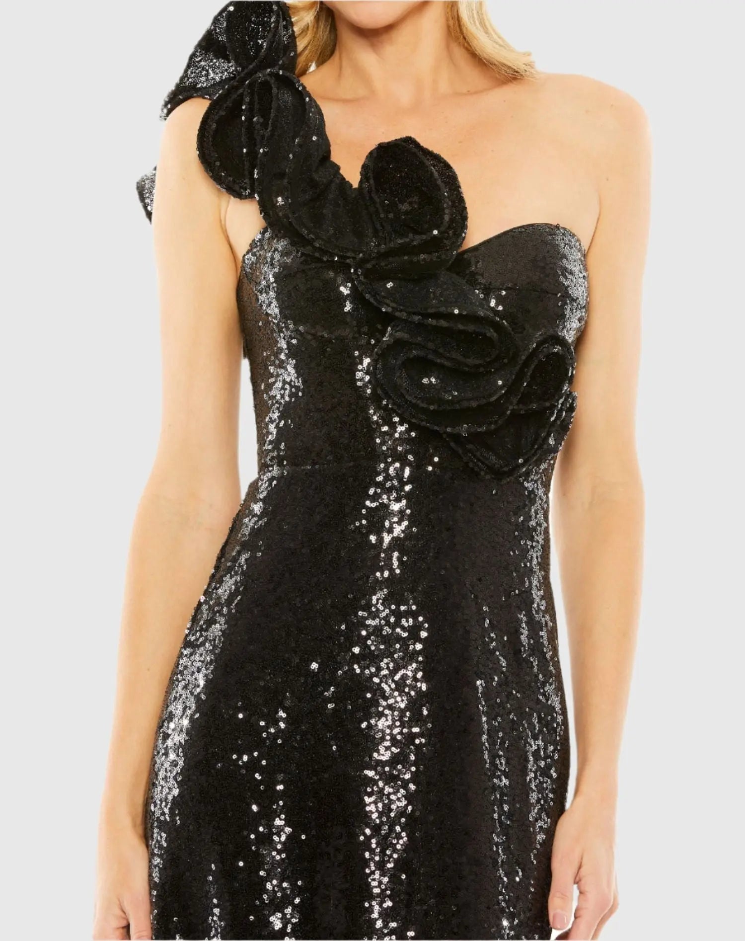 Black Sequin Ruffled One Shoulder Gown - Mac Duggal Black Sequin Ruffled One Shoulder Gown - Mac Duggal