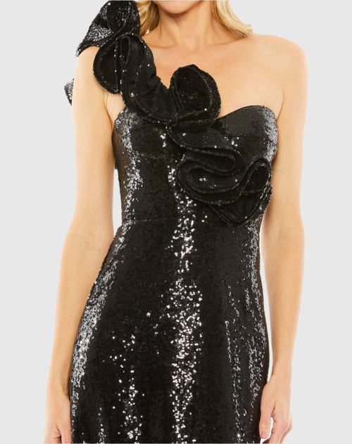 Black Sequin Ruffled One Shoulder Gown