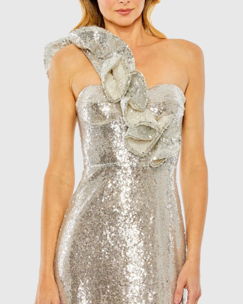 Sequin Ruffled One Shoulder Gown