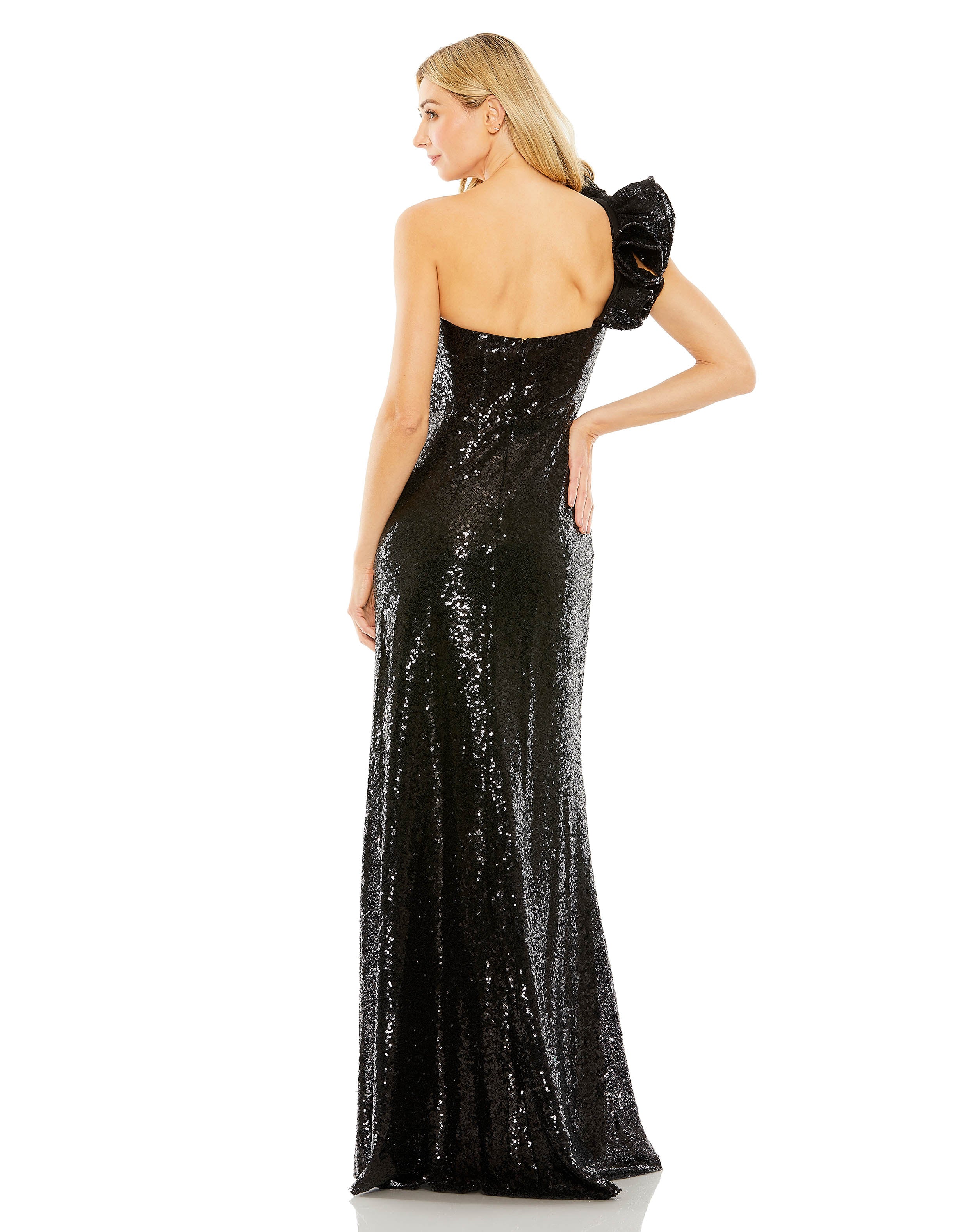 Sequin ruffled one shoulder gown