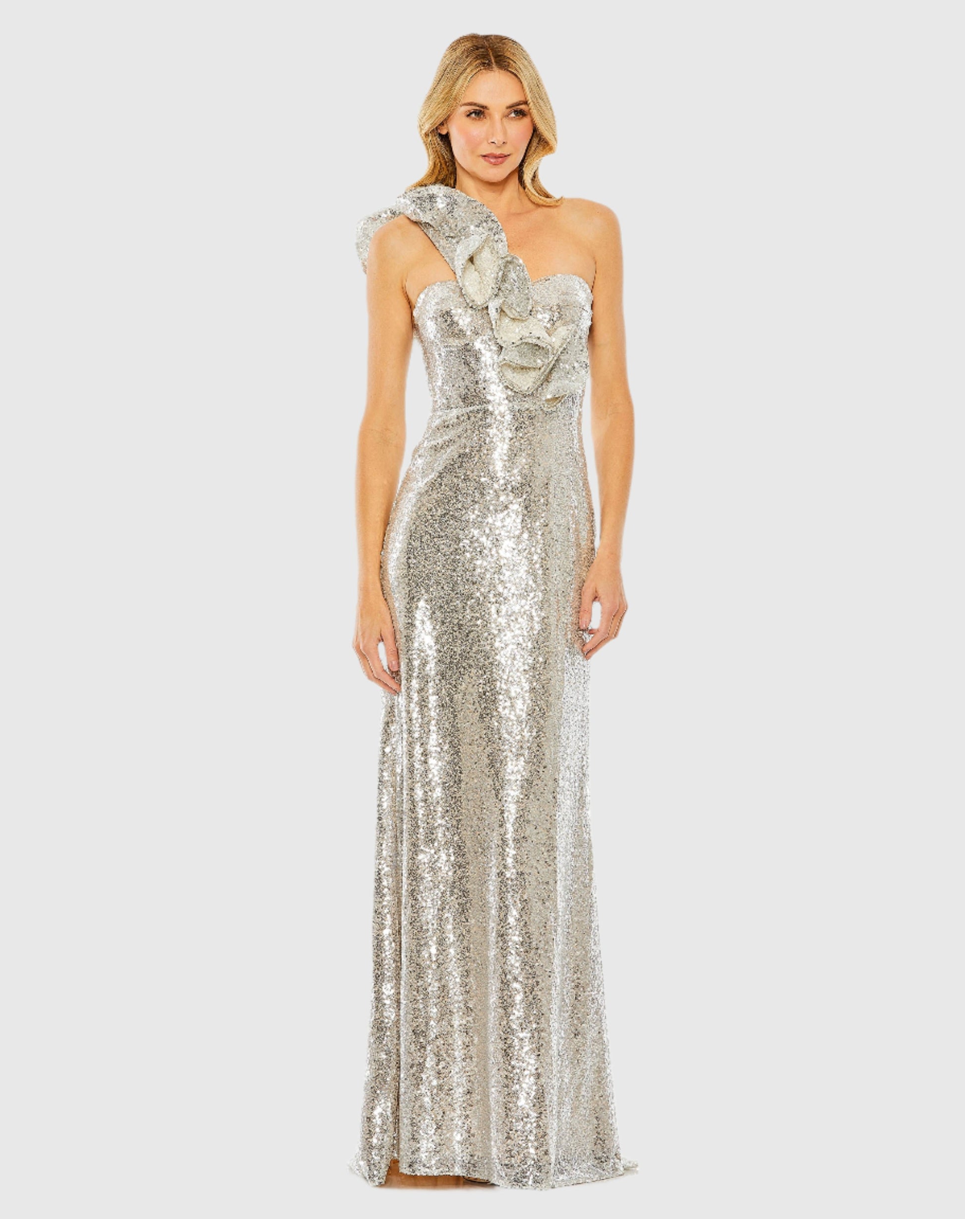 Sequin Ruffled One Shoulder Gown