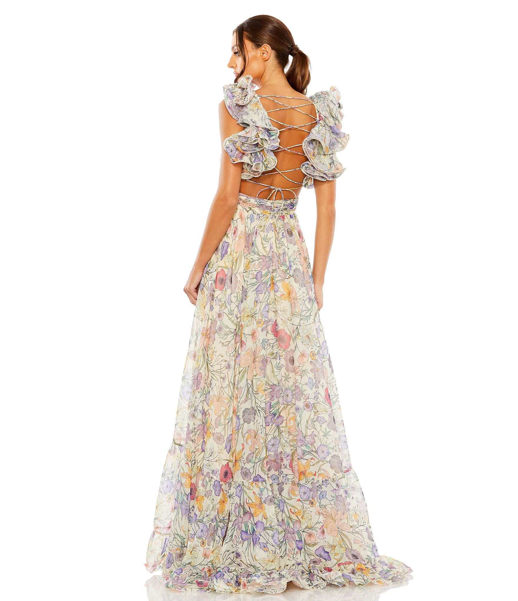 Floral Print Ruffle Tiered Cut-Out Chiffon Gown