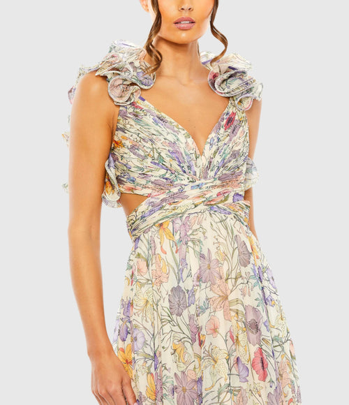 Floral Print Ruffle Tiered Cut-Out Chiffon Gown