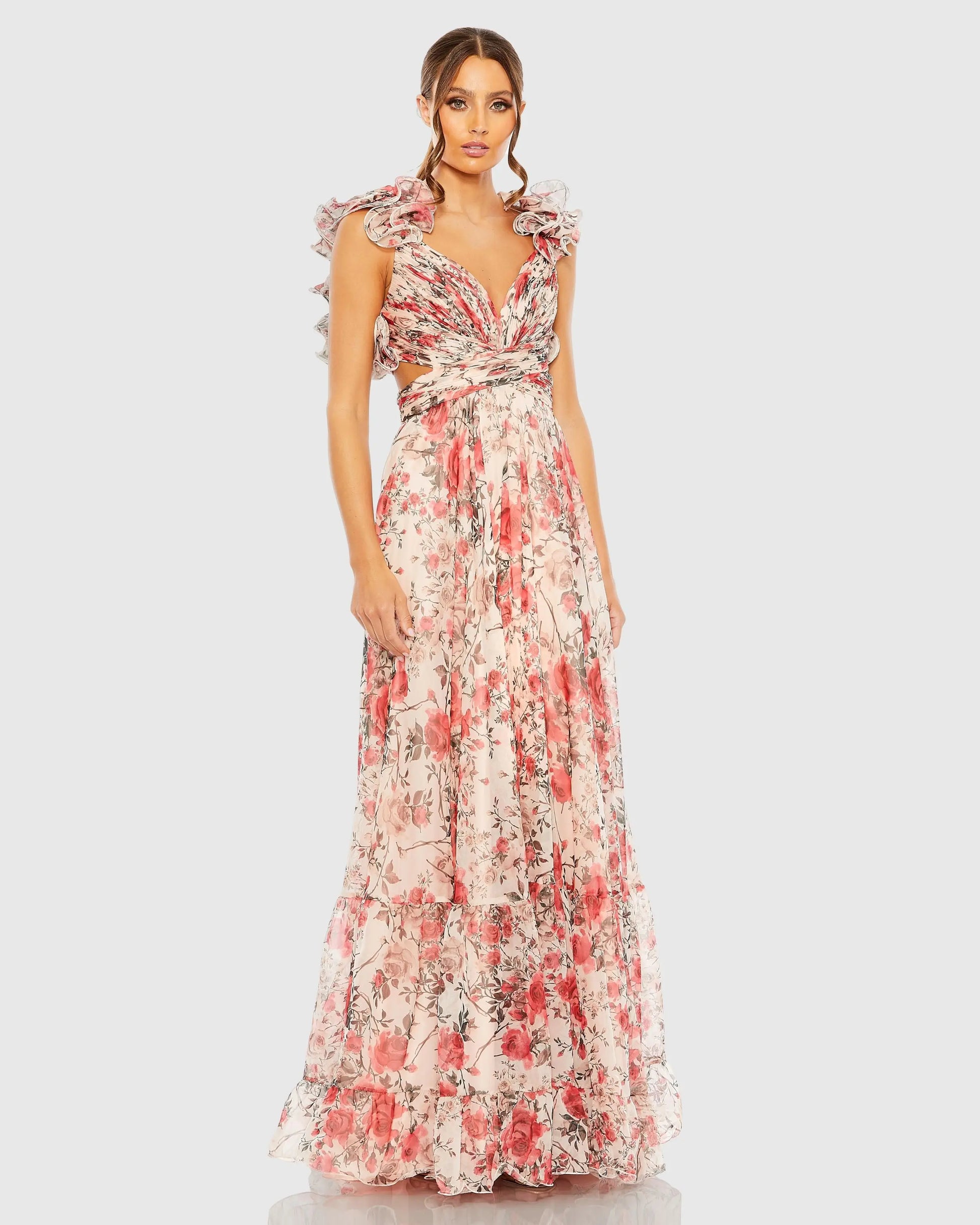 chiffon cutout ruffle maxi dress in pink Santiago Cut-Out Ruffle Maxi Dress Blush XS
