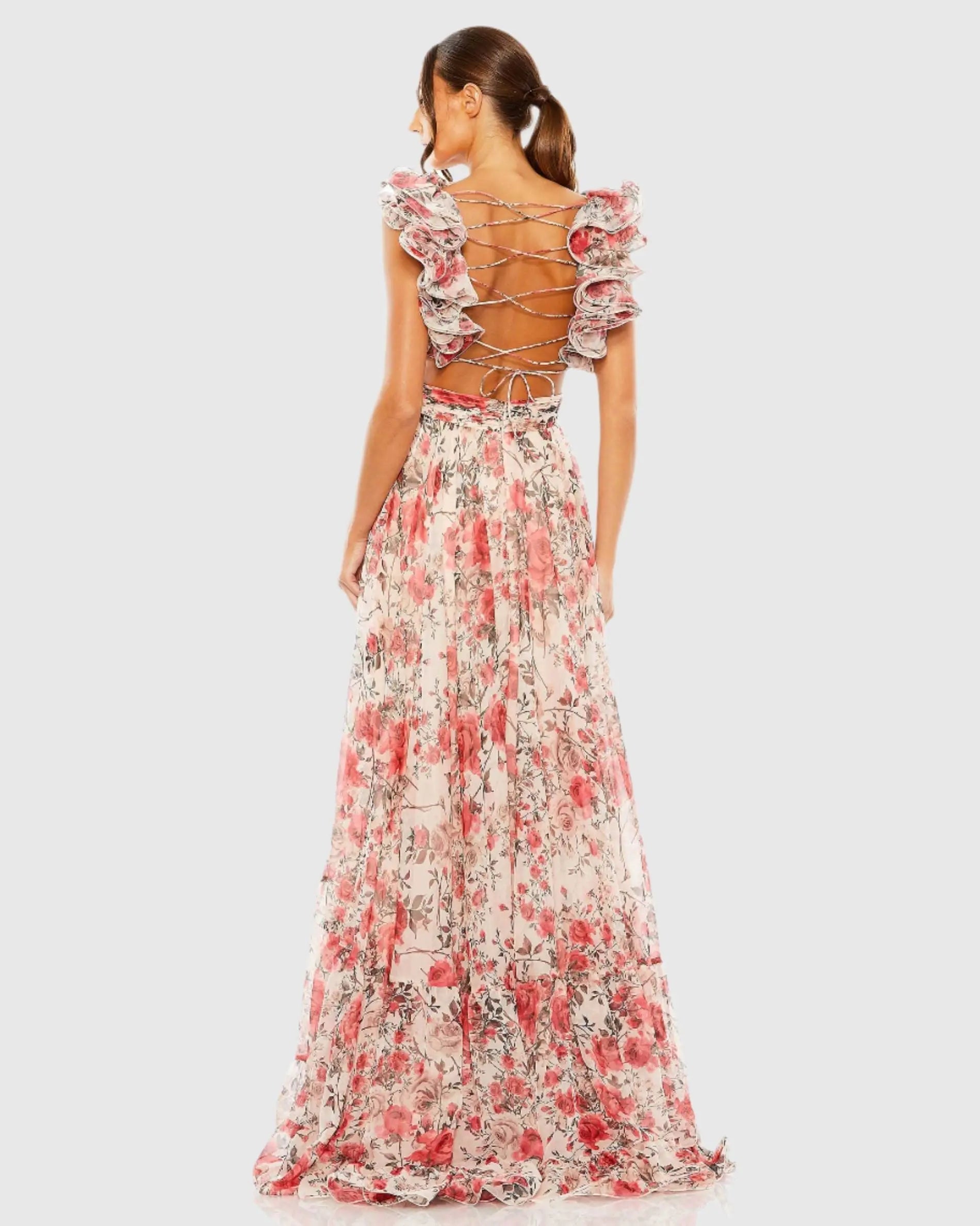 Pink Ruffle Tiered Floral Cut-Out Chiffon Gown - Ieena for Mac Duggal