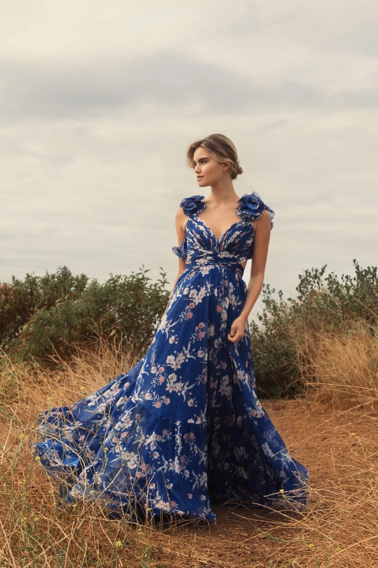blue floral chiffon extreme frill maxi dress Frannie Vertical Ruffle Maxi Dress Floral Blue