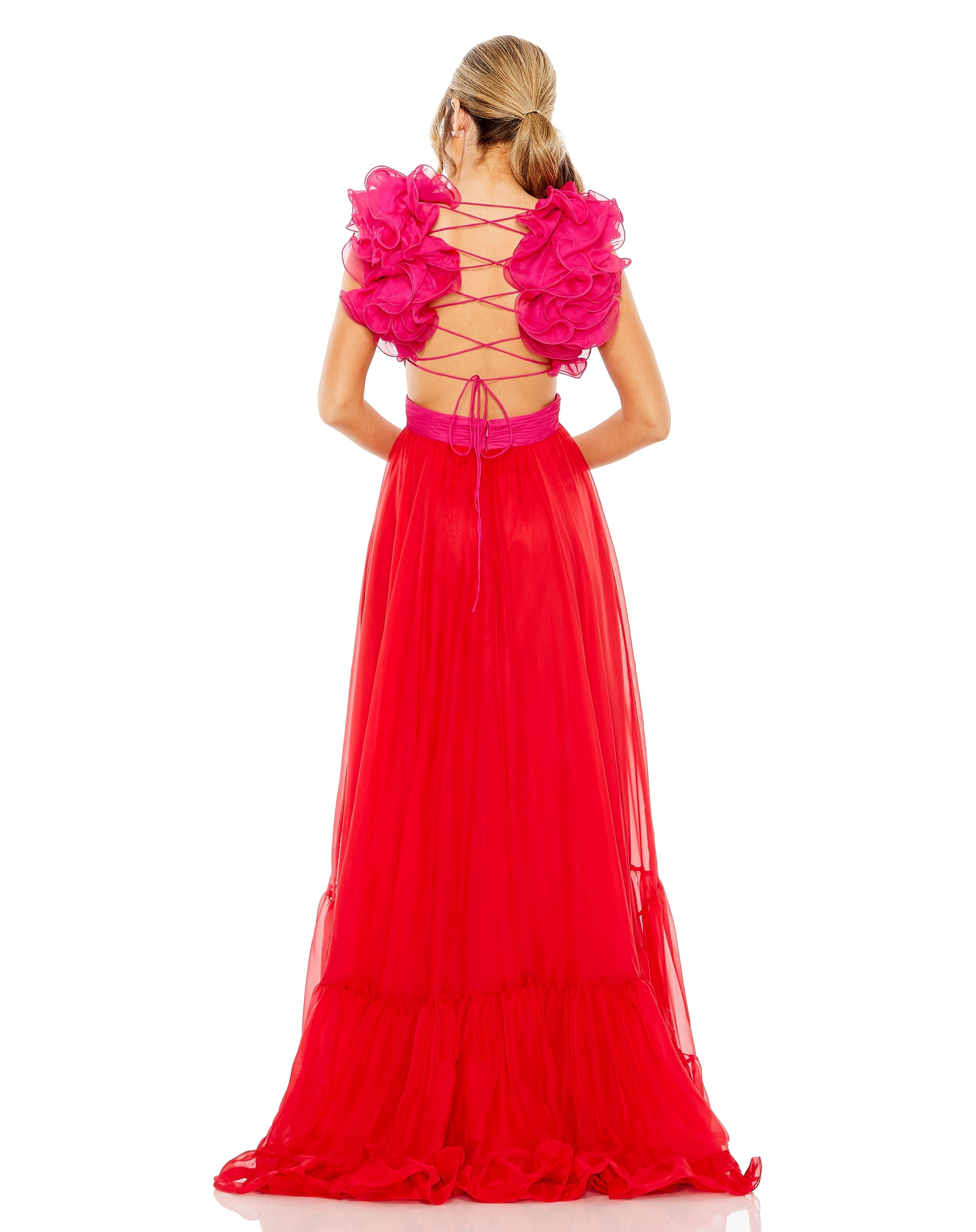 Ruffle Tiered Cut Out Lace Up Chiffon Gown