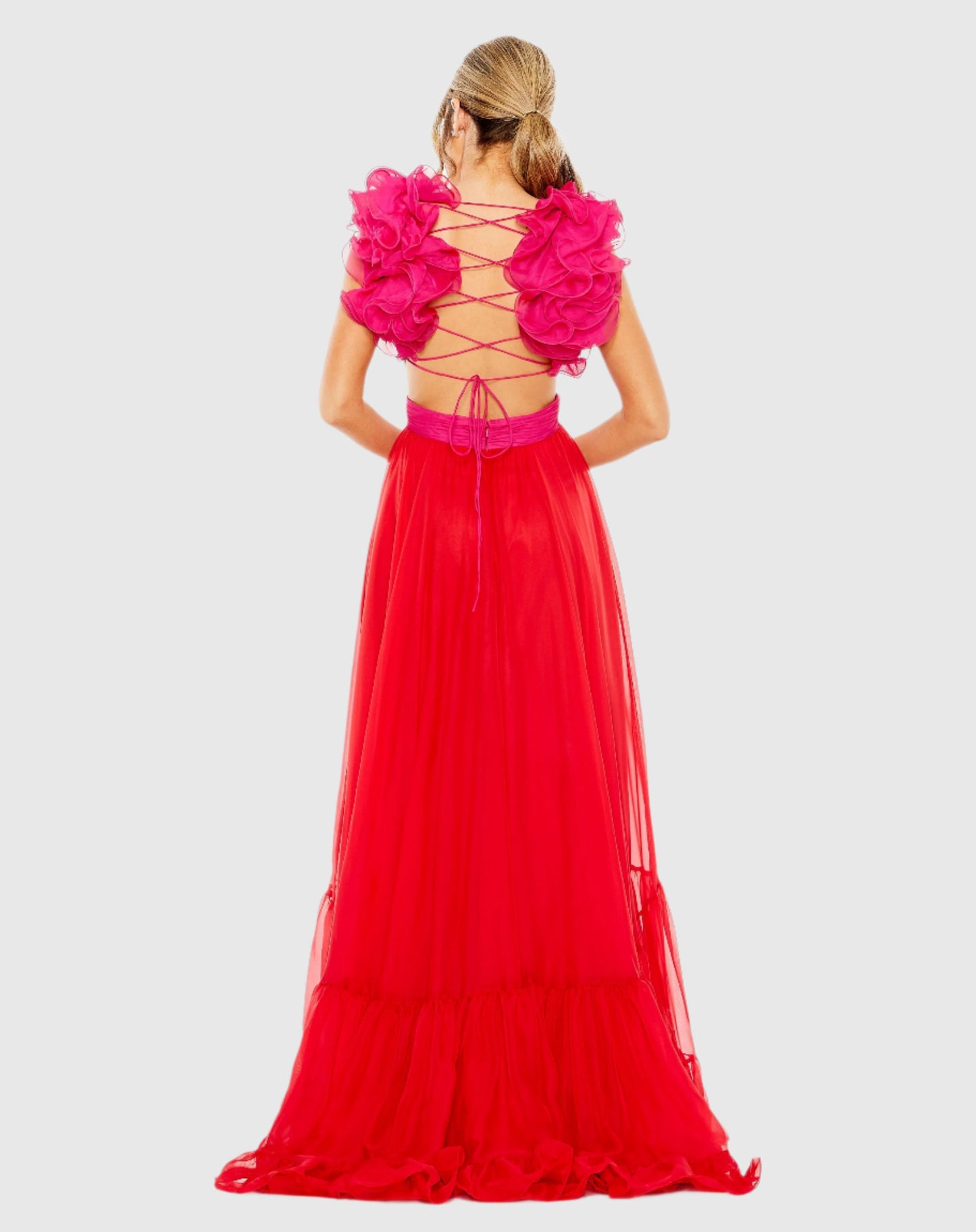 Ruffle Tiered Cut Out Lace Up Chiffon Gown