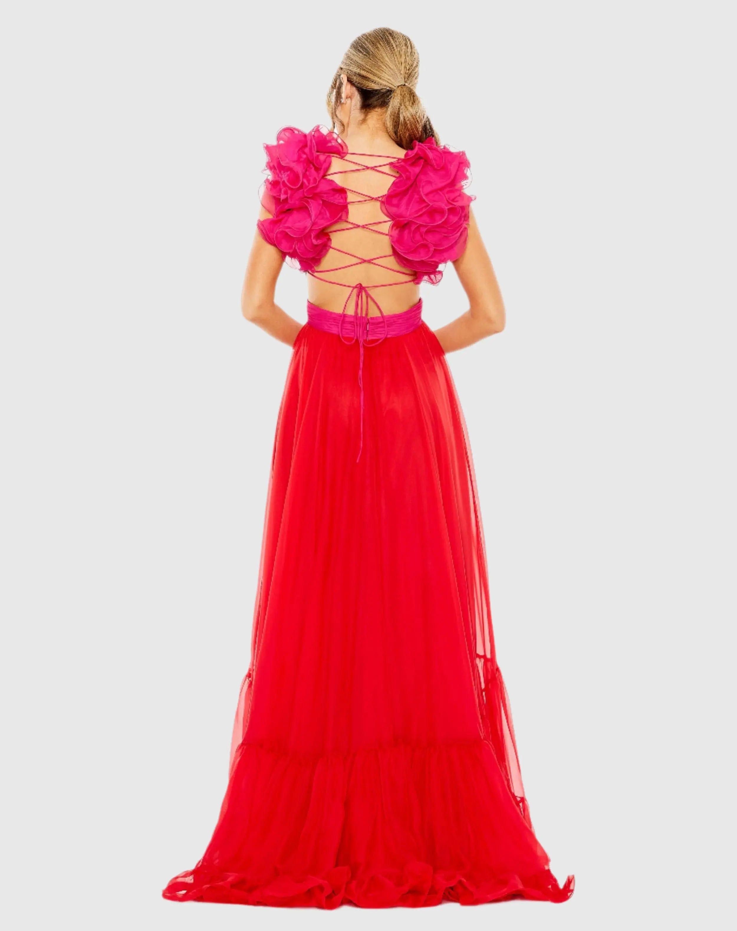 Pink and Red Ruffle Tiered Cut Out Lace Up Chiffon Gown - Mac Duggal