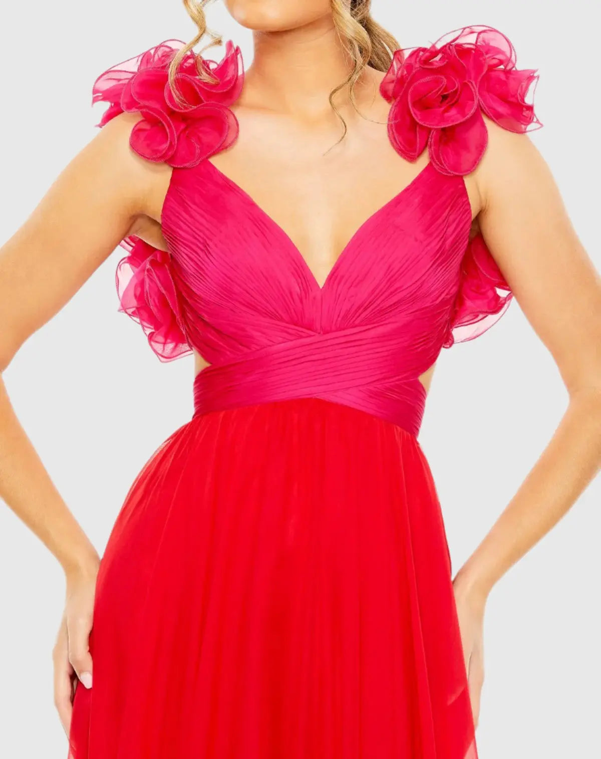 Pink and Red Ruffle Tiered Cut Out Lace Up Chiffon Gown - Mac Duggal Pink and Red Ruffle Tiered Cut Out Lace Up Chiffon Gown - Mac Duggal