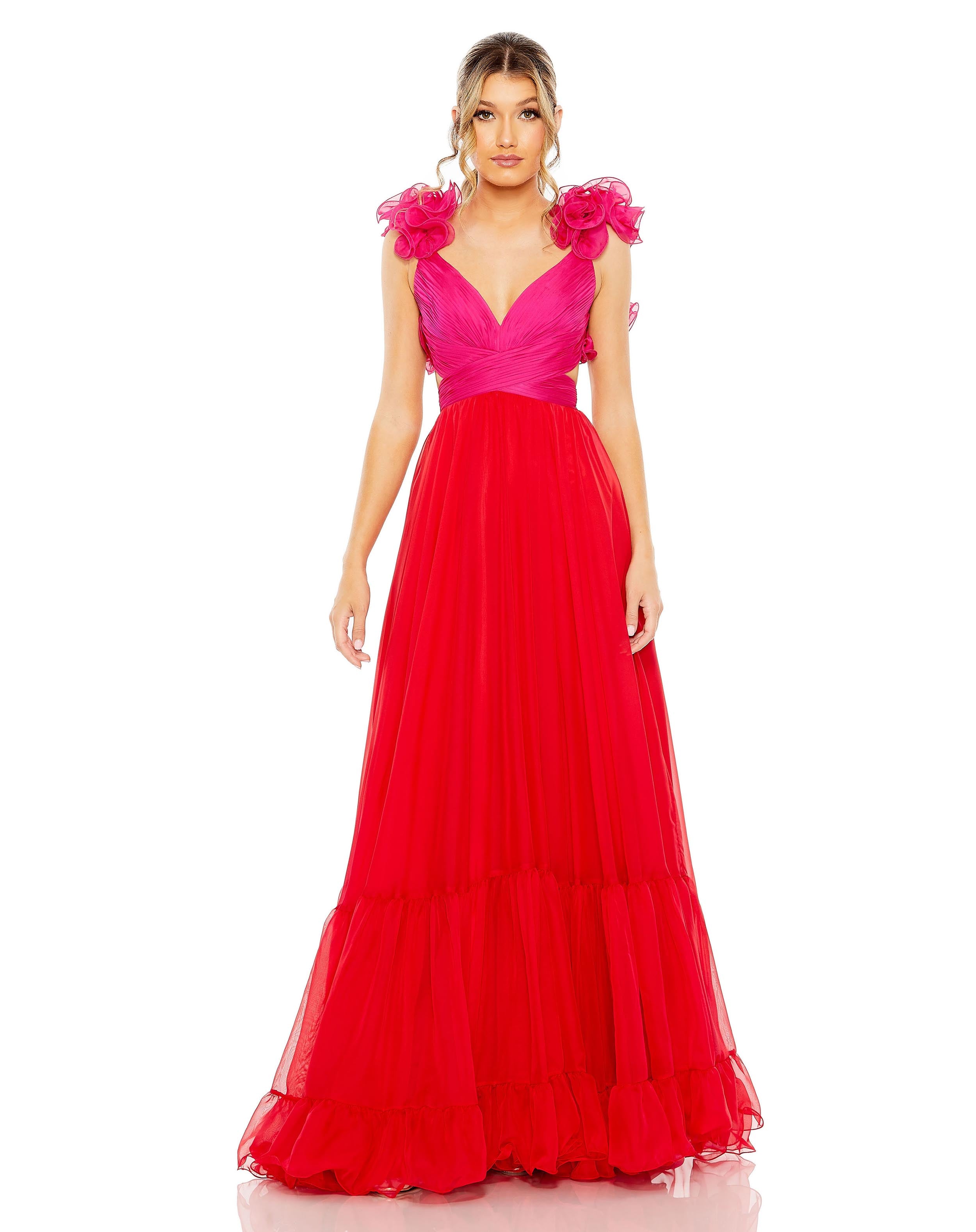 Ruffle Tiered Cut Out Lace Up Chiffon Gown